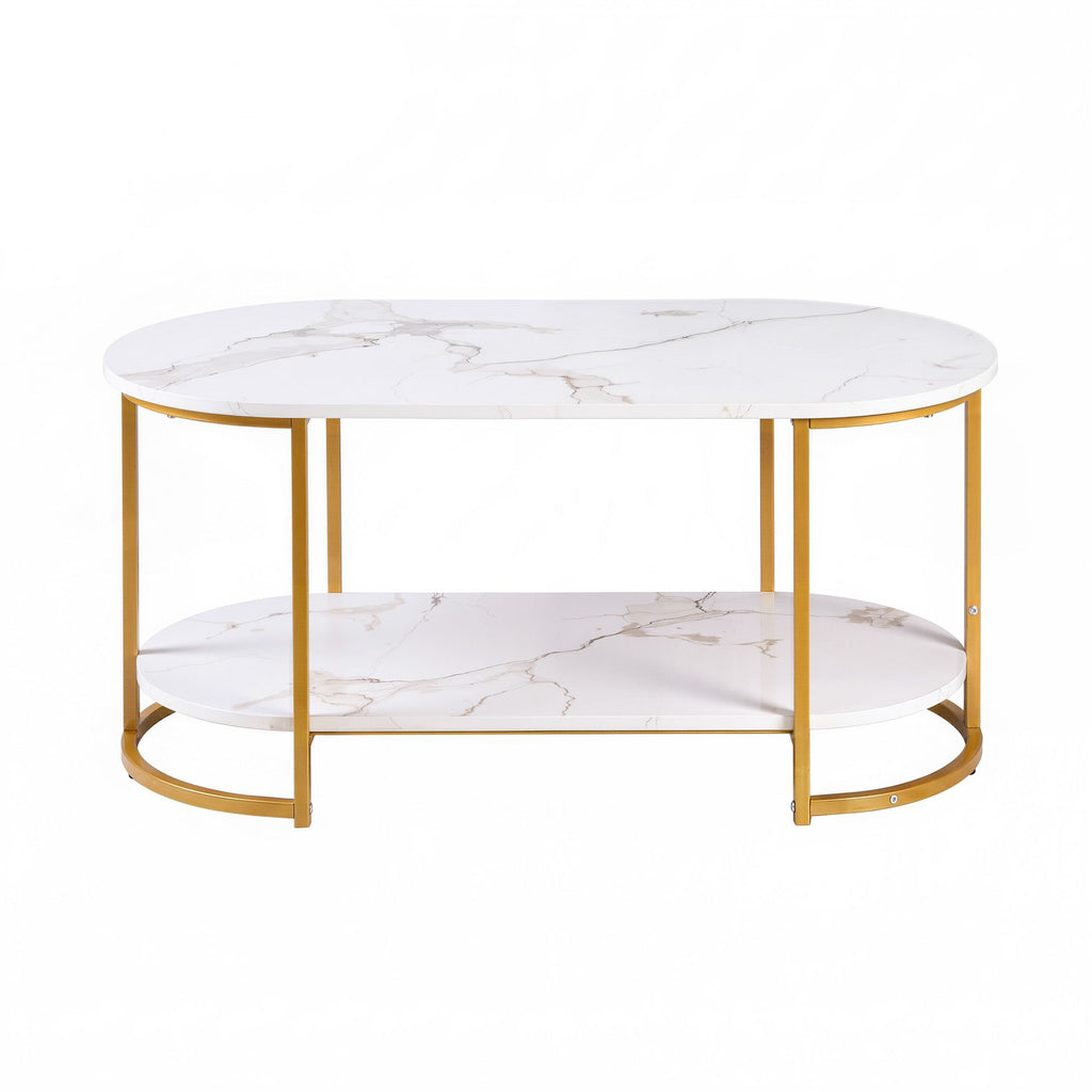 Artiss Coffee Table 2 Tier Oval Marble Finish Storage Shelf Metal Frame Center Table Living Room 100x50x45cm White & Gold