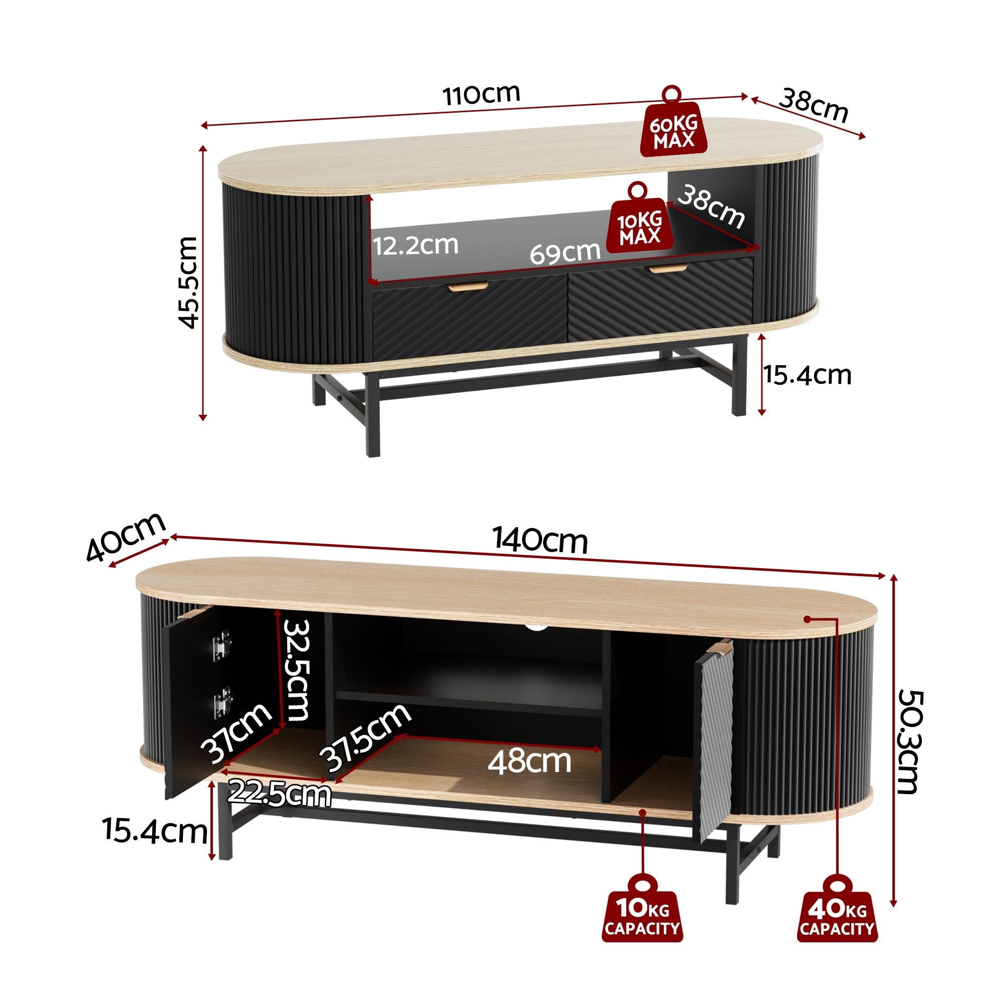 Artiss TV Unit & Coffee Table Set Storage Drawers Shelves Black Pine