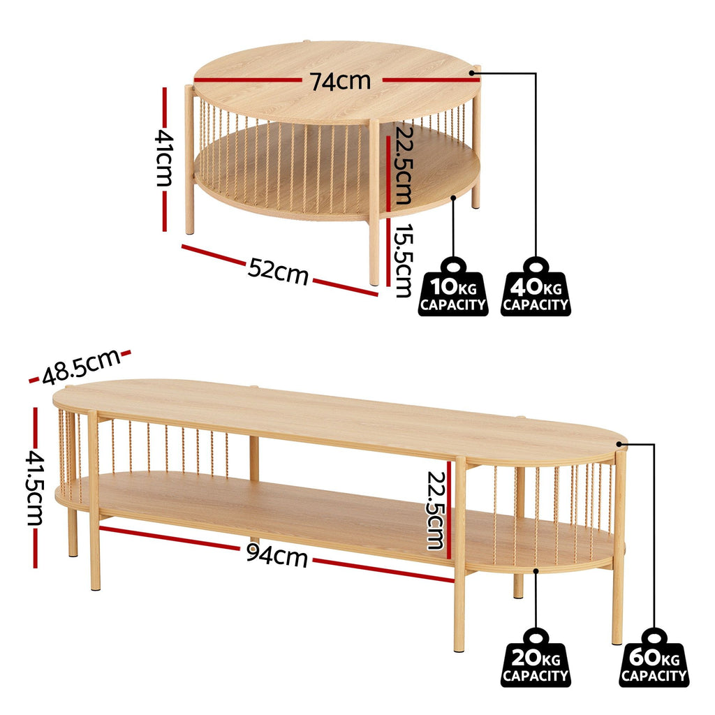 Artiss TV Unit & Coffee Table Set Storage Shelf Pine