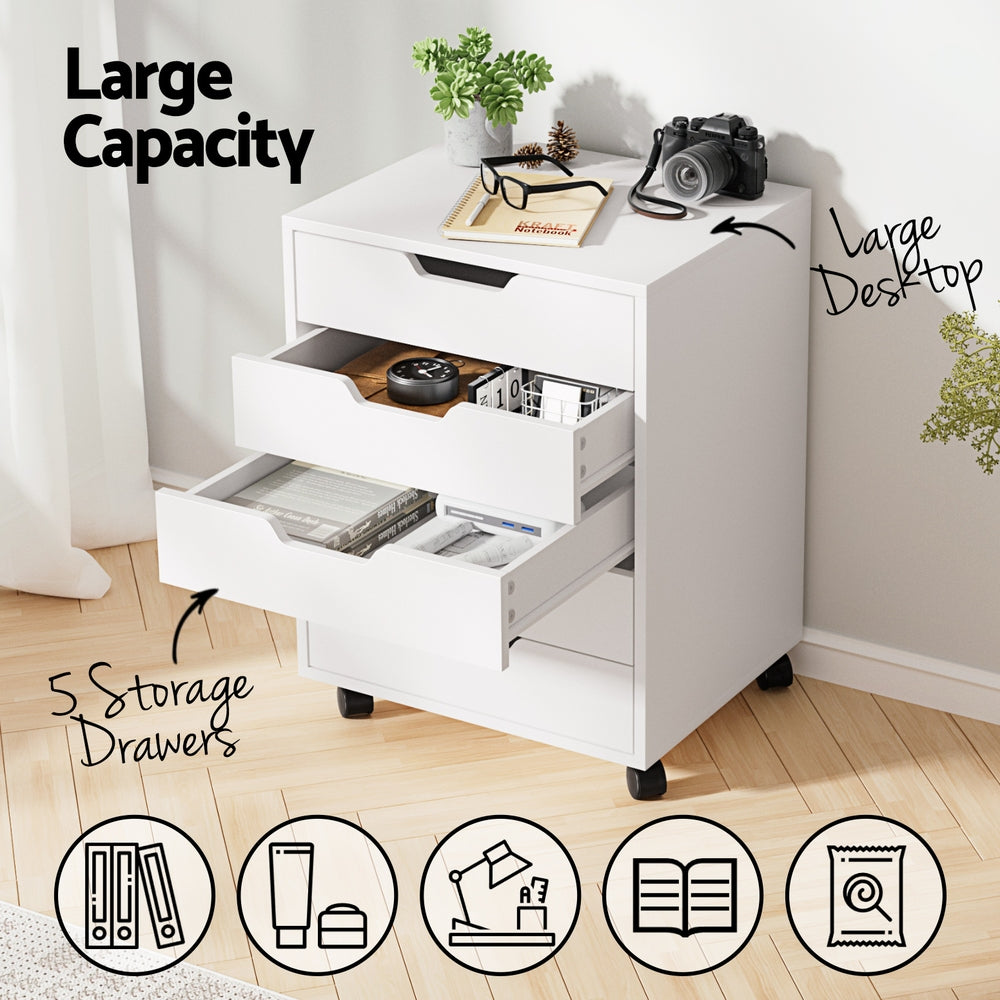 Artiss 5-Drawer Filing Cabinet Mobile Rolling Storage Cabinet Chest of Drawers Stand White