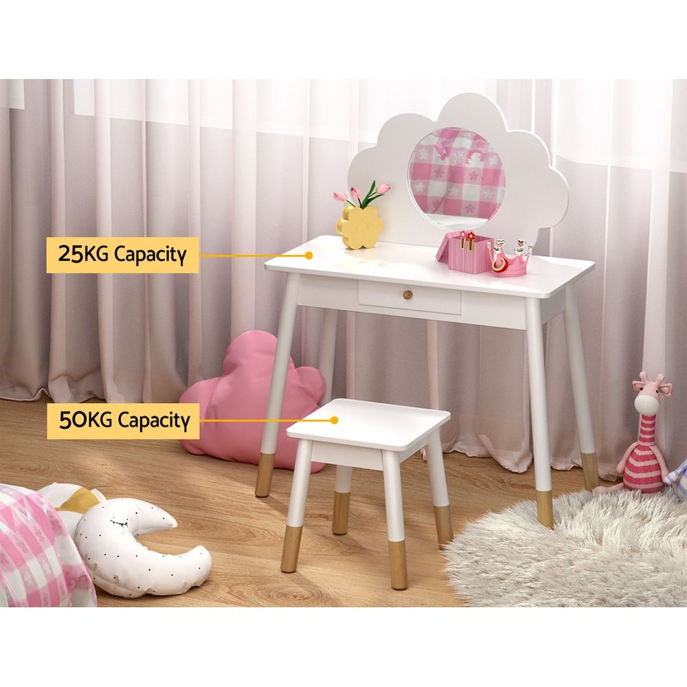 Tocador para niños Keezi, juego de sillas, tocador, pata de madera, espejo y cajón