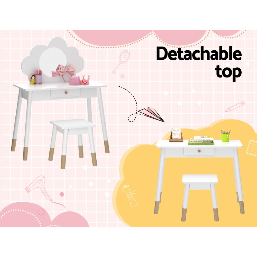 Tocador para niños Keezi, juego de sillas, tocador, pata de madera, espejo y cajón