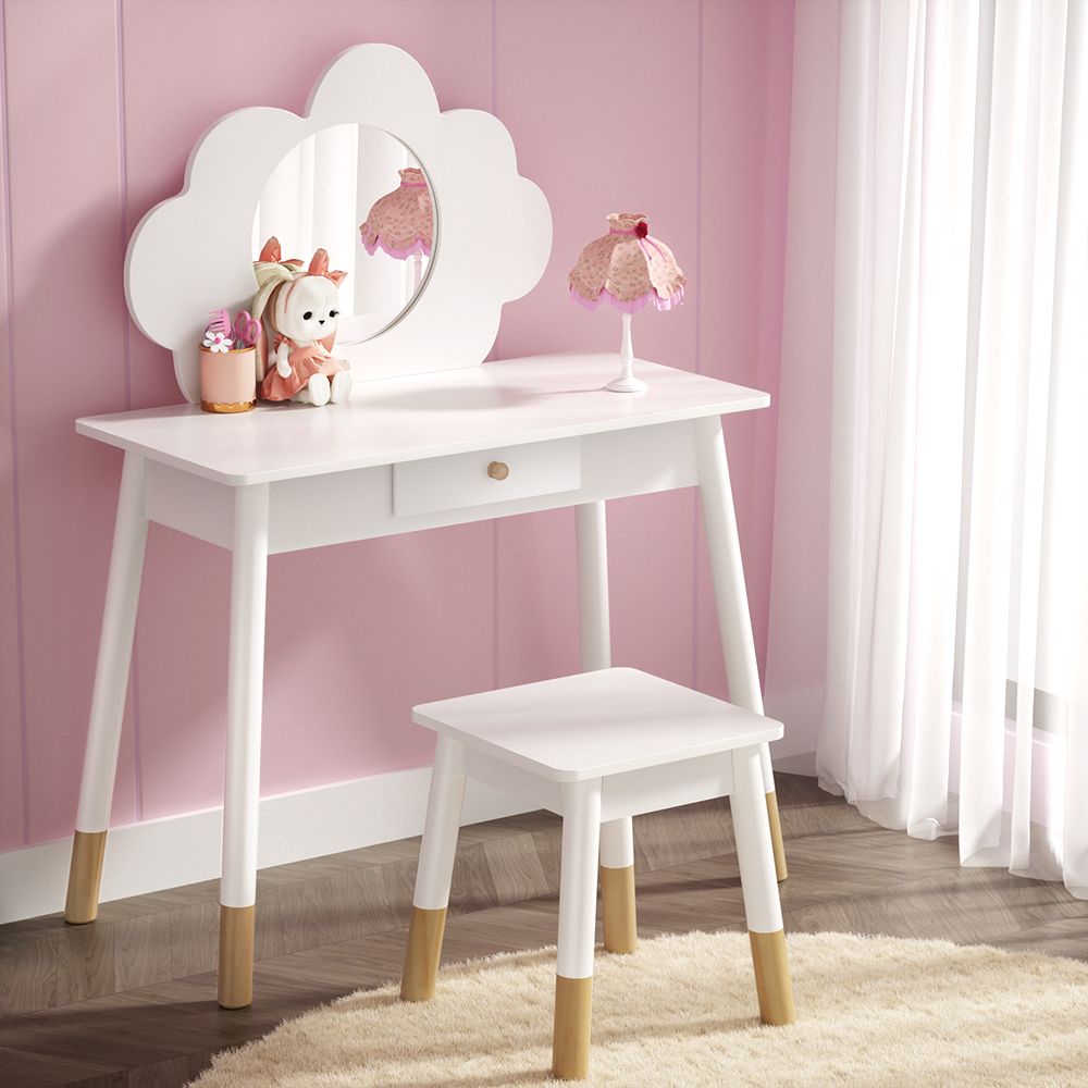 Tocador para niños Keezi, juego de sillas, tocador, pata de madera, espejo y cajón