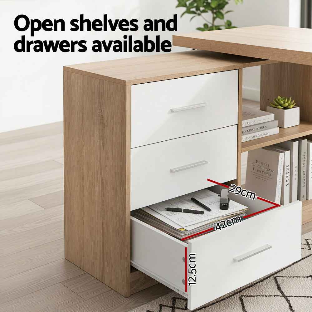 Artiss Computer Desk Swivelling L shape Home Office Storage Cabinet Oak