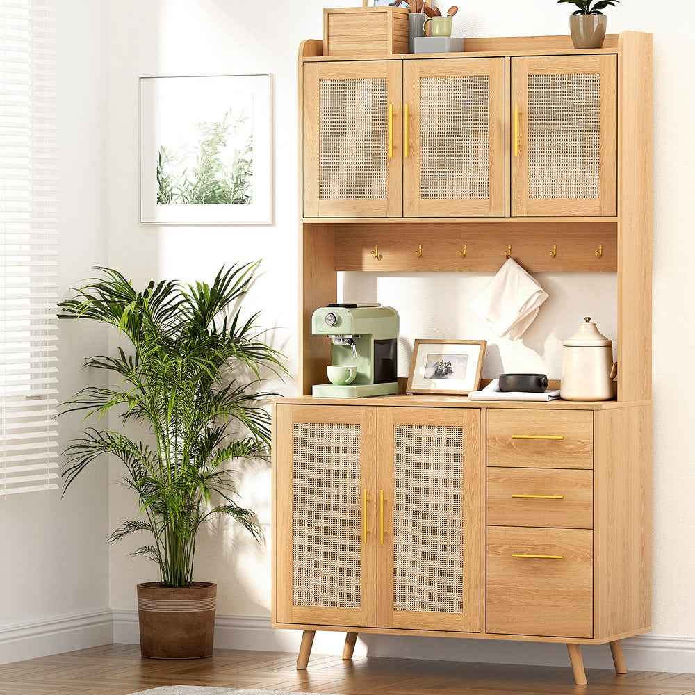 Artiss Buffet Sideboard Hutch Storage Cabinet Kitchen Cupboard Hooks Rattan Pine