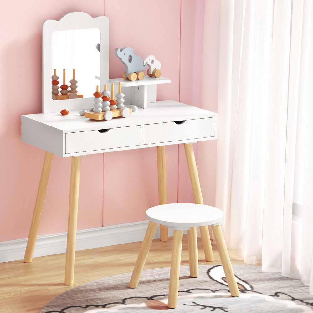 Keezi Kids Dressing Table Vanity Makeup Chair Set with Mirror Drawers Wooden Legs