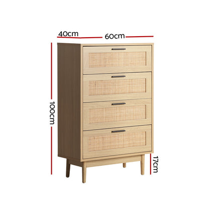 Artiss 4 Chest of Drawers Rattan Tallboy Pine - BRIONY