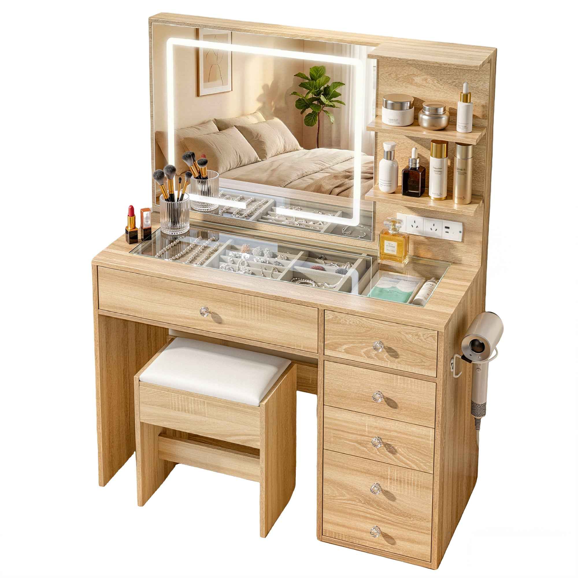 Artiss Dressing Table LED Vanity Desk Set Stool Wood