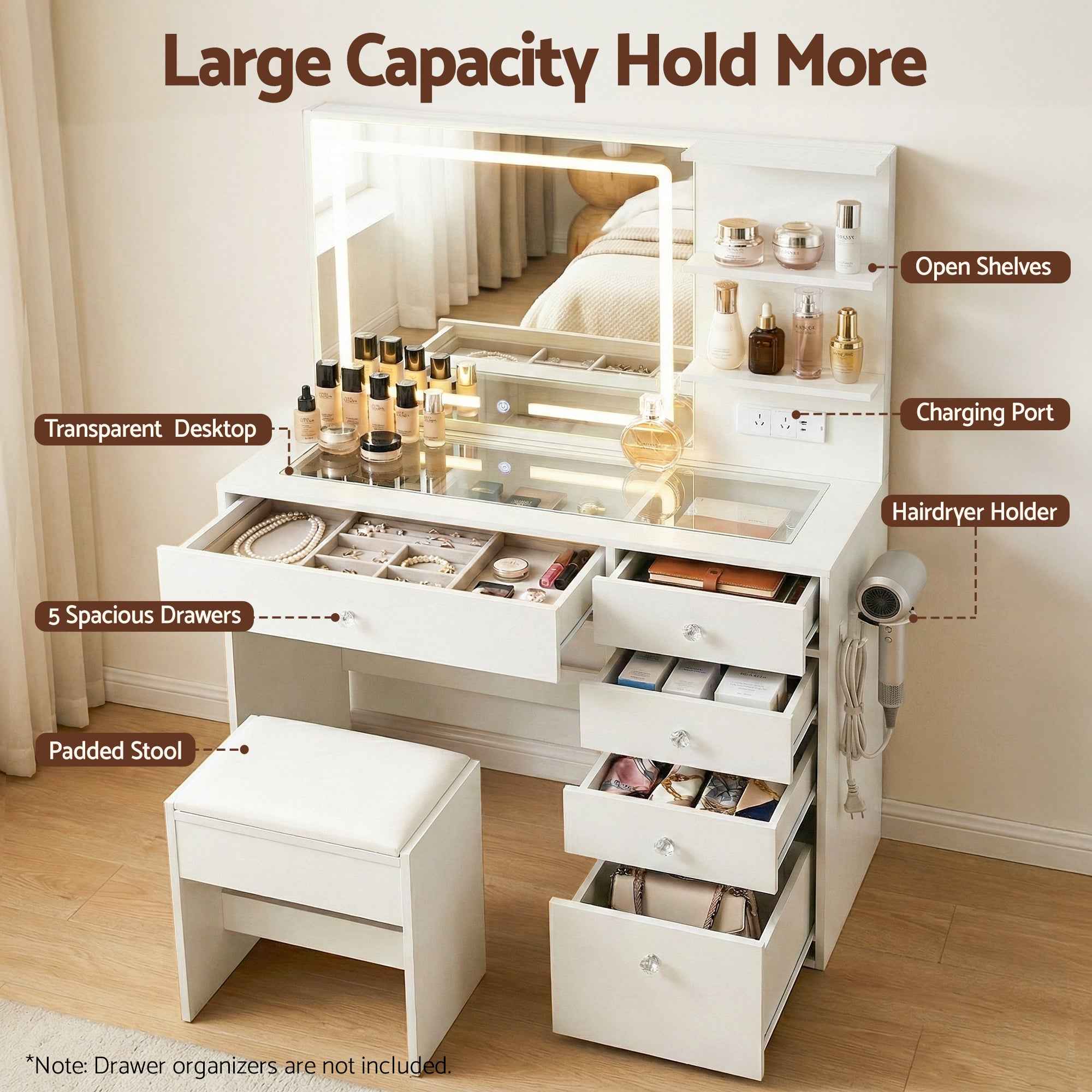 Artiss Dressing Table LED Vanity Desk Set Stool White