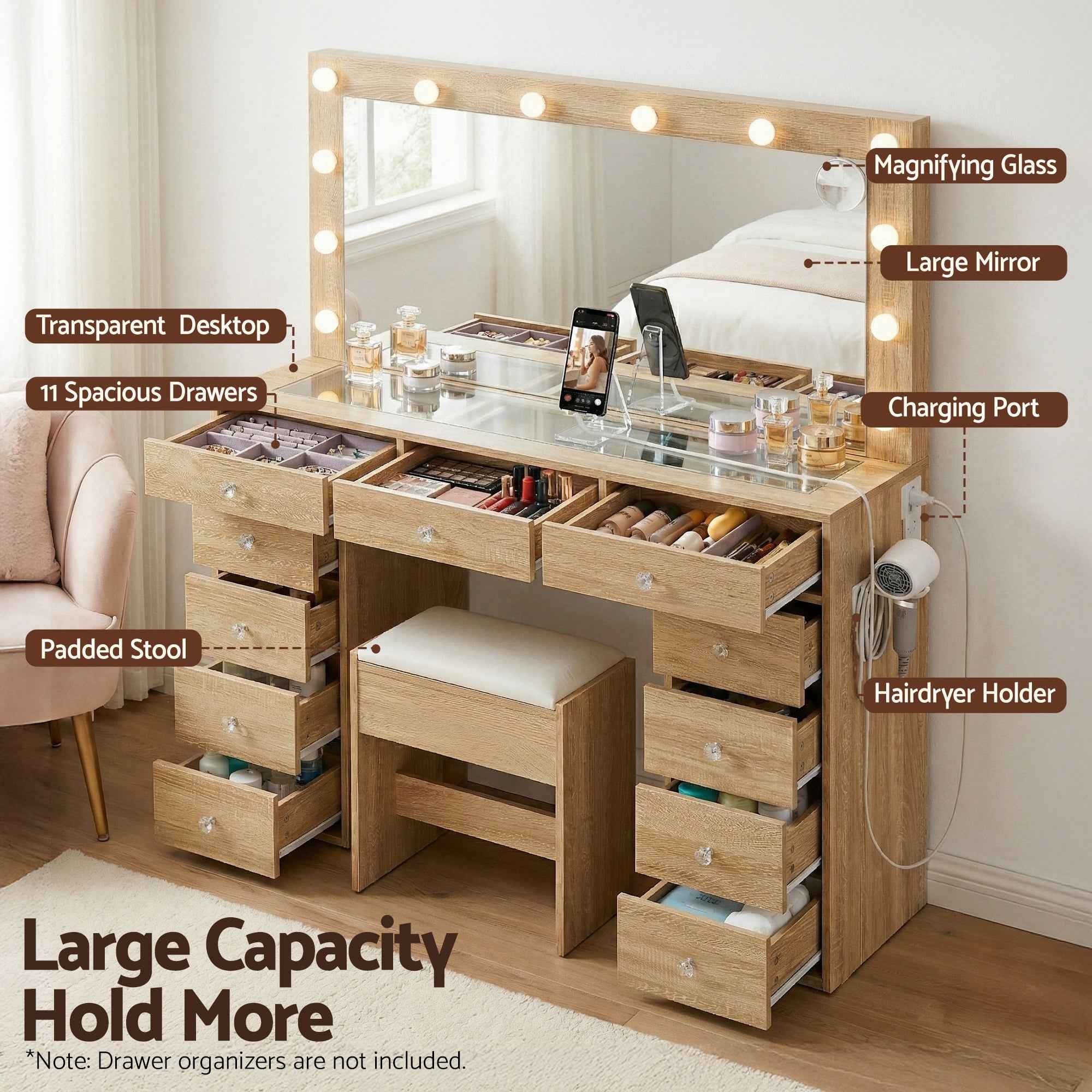 Artiss Dressing Table Vanity Desk Set Stool LED Bulbs Wood