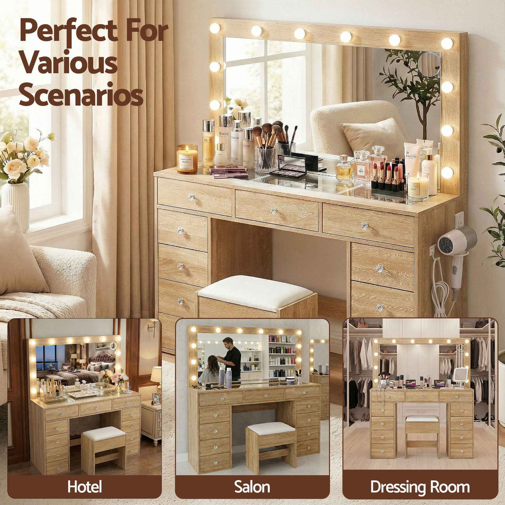 Artiss Dressing Table Vanity Desk Set Stool LED Bulbs Wood