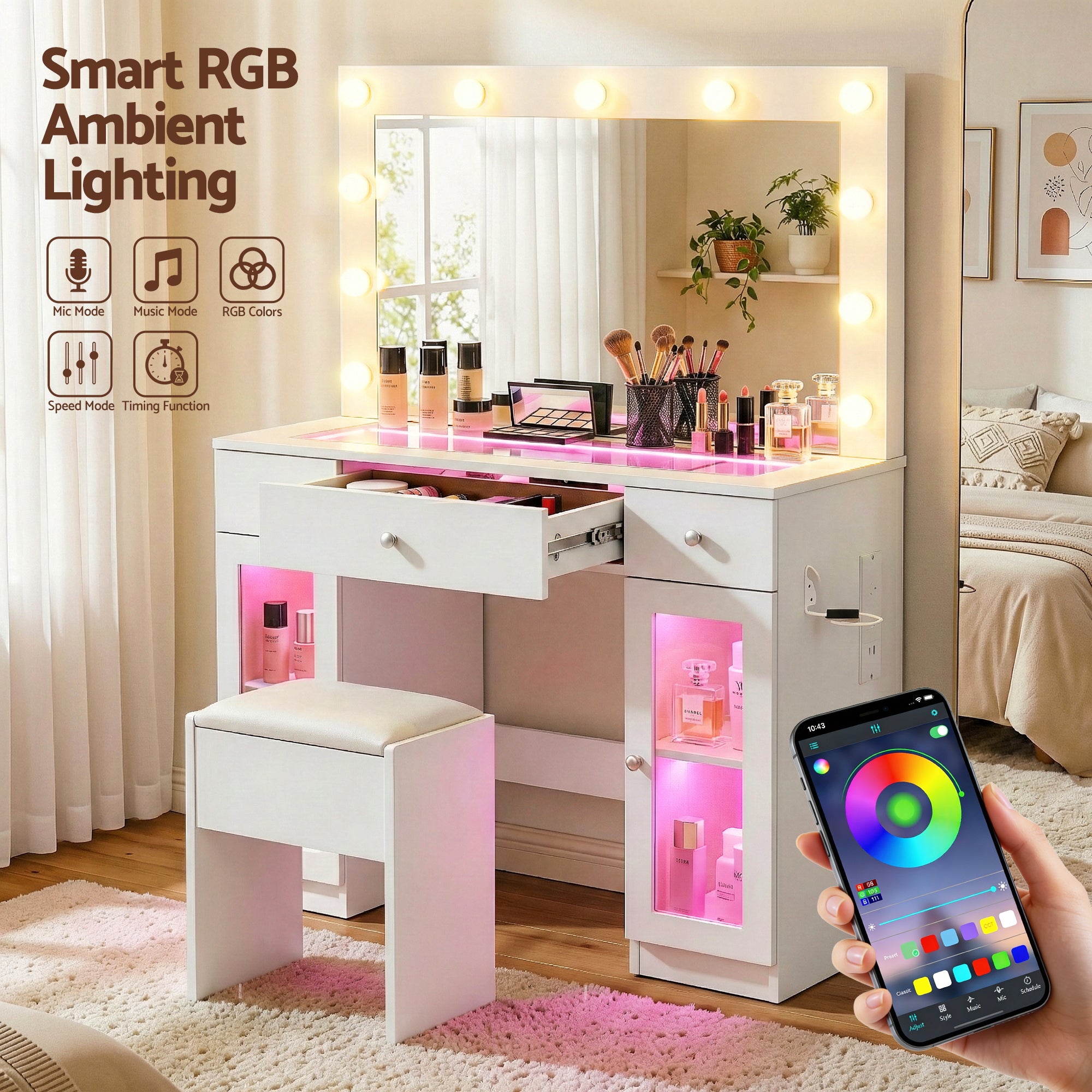 Artiss Dressing Table Vanity Desk Set LED Bulbs RGB Light White