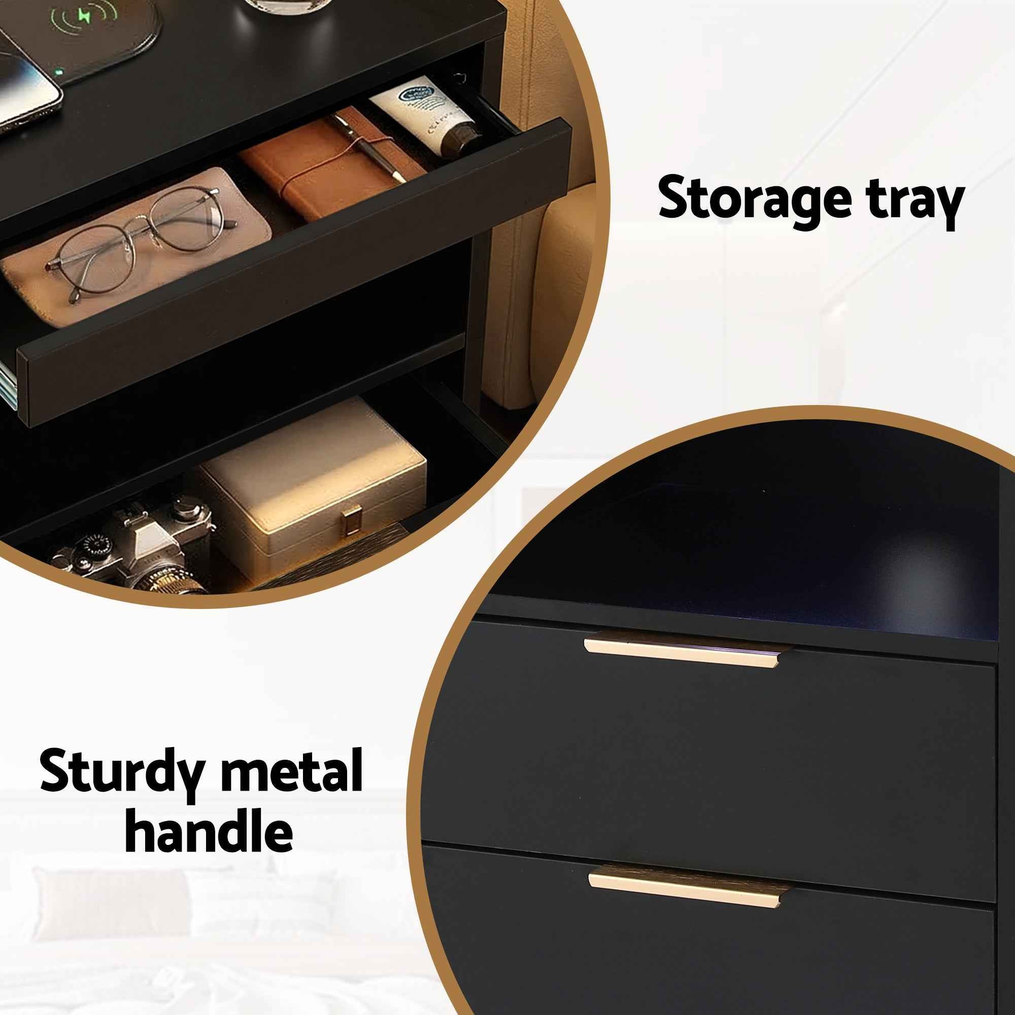 Artiss Bedside Table LED Nightstand Charging Station 2 Drawers - Black