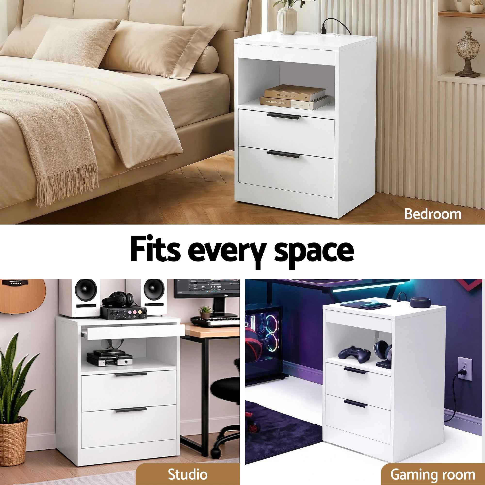 Artiss Bedside Table LED Nightstand Charging Station 2 Drawers - White