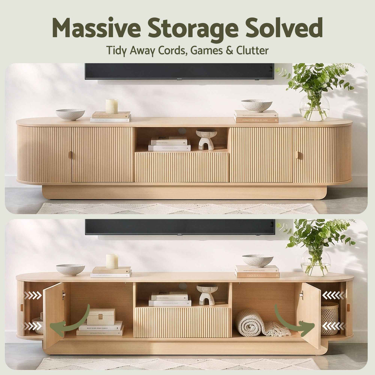 Artiss 220cm TV Unit Rounded Edge Slide Side Cabinet Door Pine