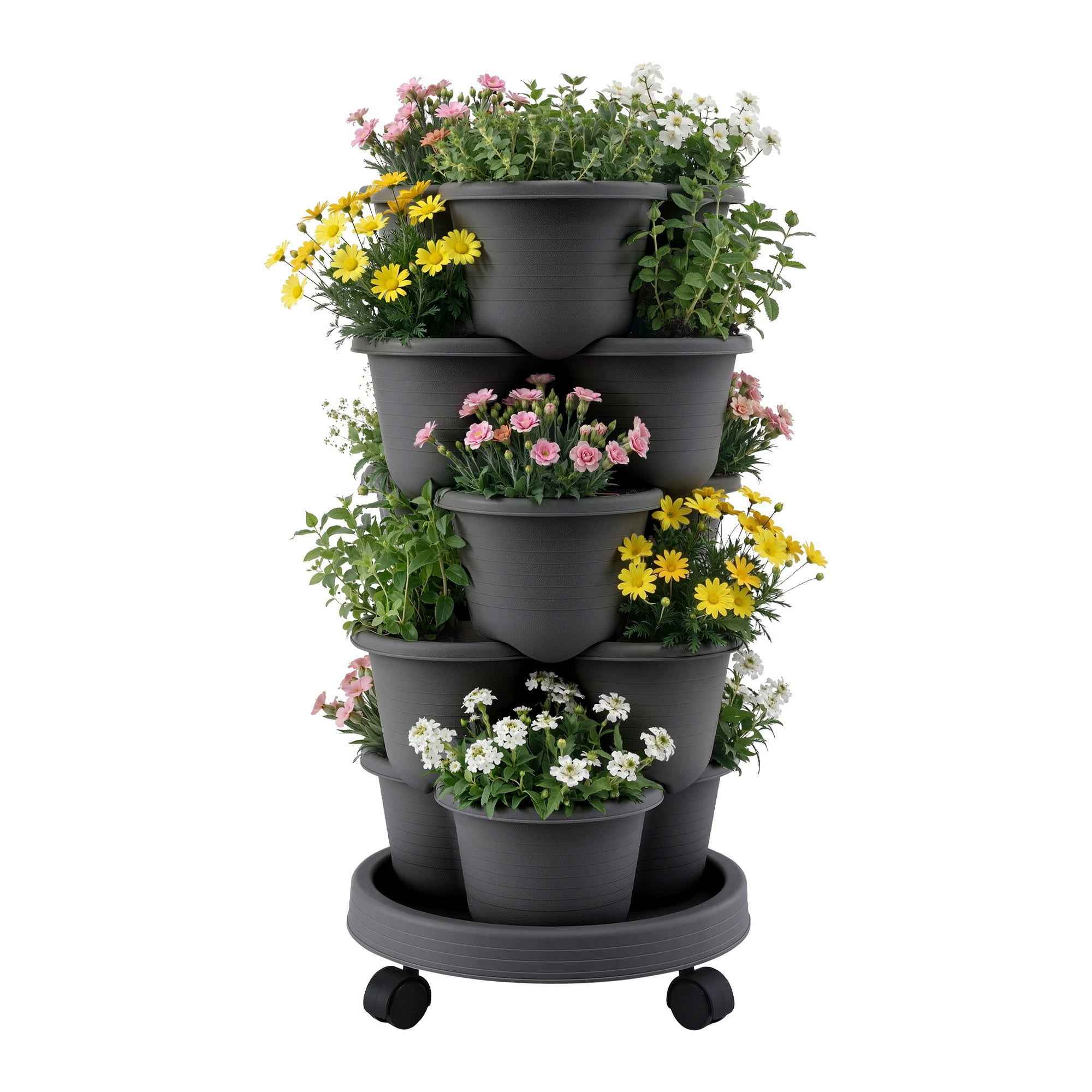 Green Fingers 5 Tier Vertical Garden Planter, Stackable Planters with 4 Wheels, Black, Raised Garden Bed, Garden Tower Indoor Outdoor, Auto Drainage System, for Strawberries, Herbs, Flower, Vegetables