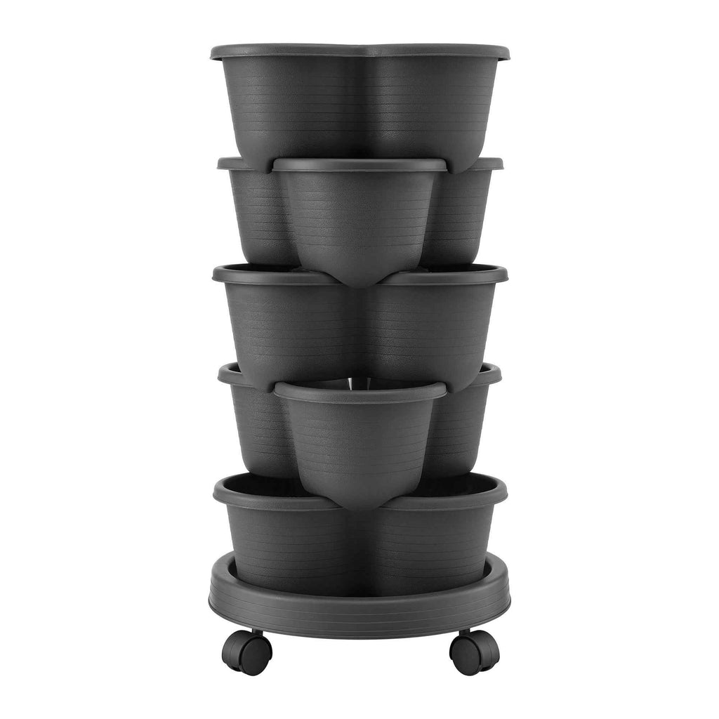 Green Fingers 5 Tier Vertical Garden Planter, Stackable Planters with 4 Wheels, Black, Raised Garden Bed, Garden Tower Indoor Outdoor, Auto Drainage System, for Strawberries, Herbs, Flower, Vegetables