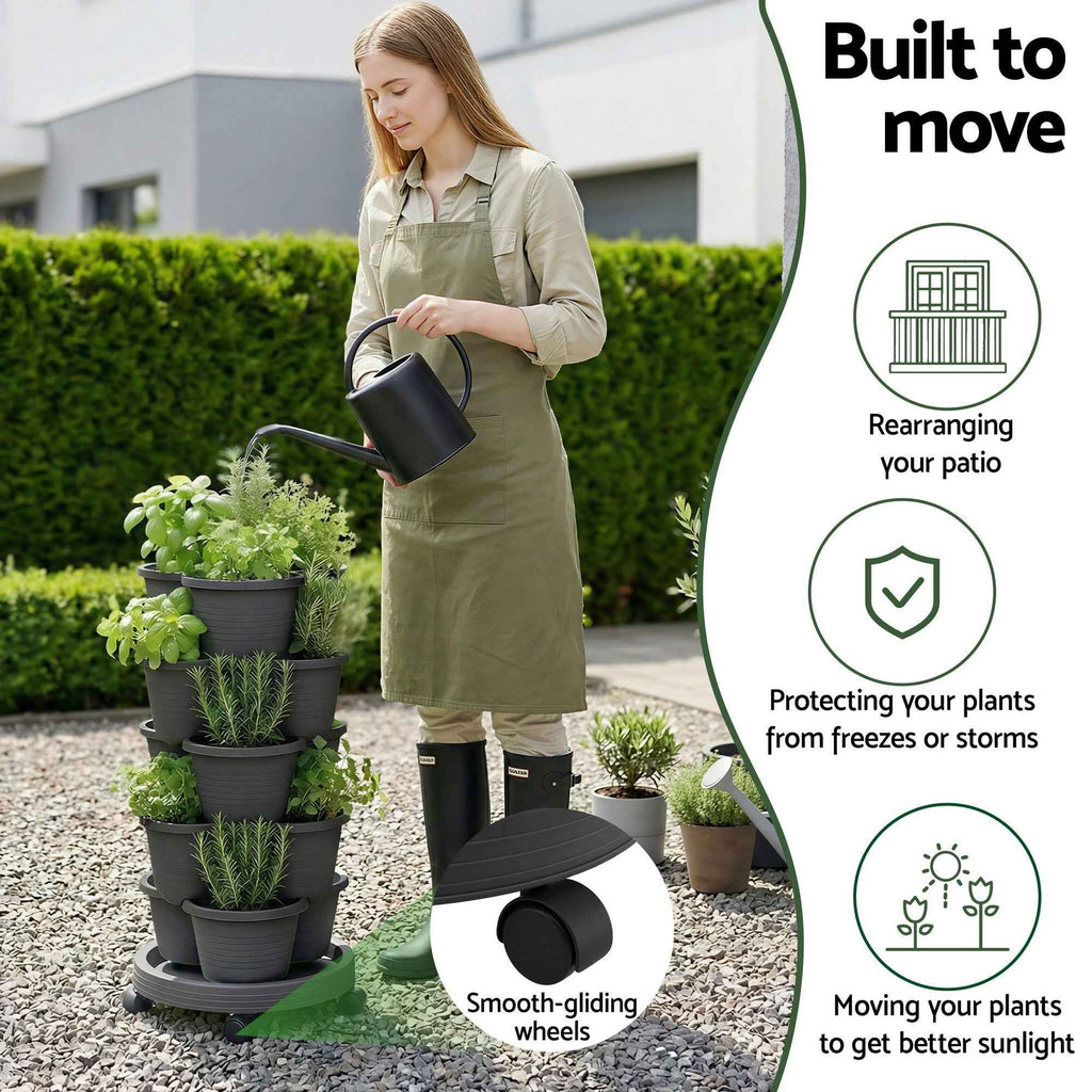 Green Fingers 5 Tier Vertical Garden Planter, Stackable Planters with 4 Wheels, Black, Raised Garden Bed, Garden Tower Indoor Outdoor, Auto Drainage System, for Strawberries, Herbs, Flower, Vegetables