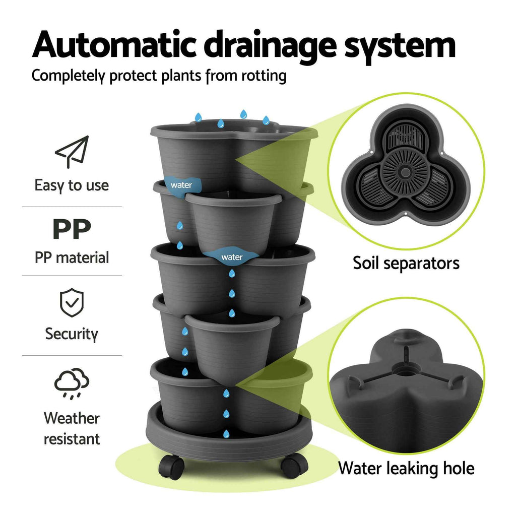 Green Fingers 5 Tier Vertical Garden Planter, Stackable Planters with 4 Wheels, Black, Raised Garden Bed, Garden Tower Indoor Outdoor, Auto Drainage System, for Strawberries, Herbs, Flower, Vegetables