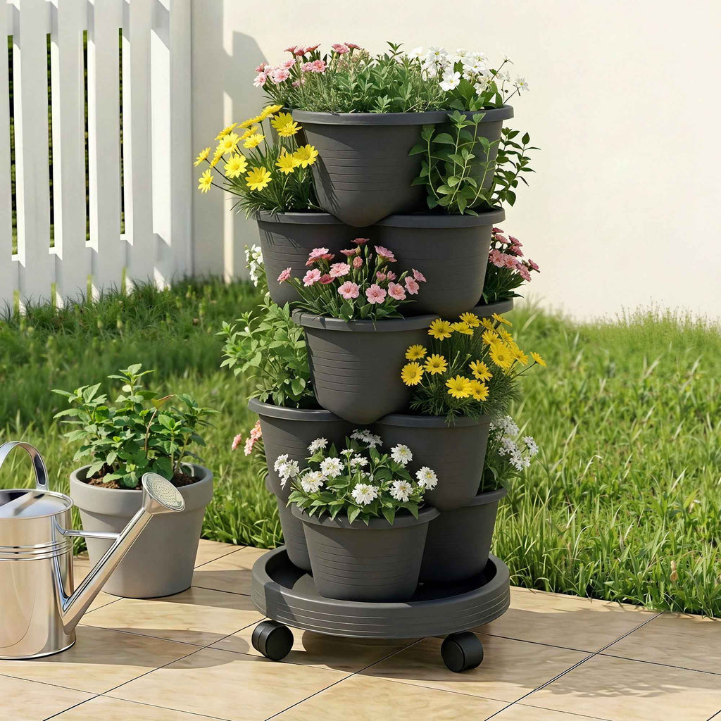 Green Fingers 5 Tier Vertical Garden Planter, Stackable Planters with 4 Wheels, Black, Raised Garden Bed, Garden Tower Indoor Outdoor, Auto Drainage System, for Strawberries, Herbs, Flower, Vegetables