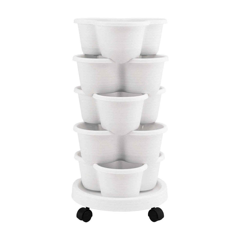 Green Fingers 5 Tier Vertical Garden Planter, Stackable Planters with Wheels, White, Garden Bed, Garden Tower Indoor Outdoor, Auto Drainage System, for Strawberries, Herbs, Flowers, Vegetables