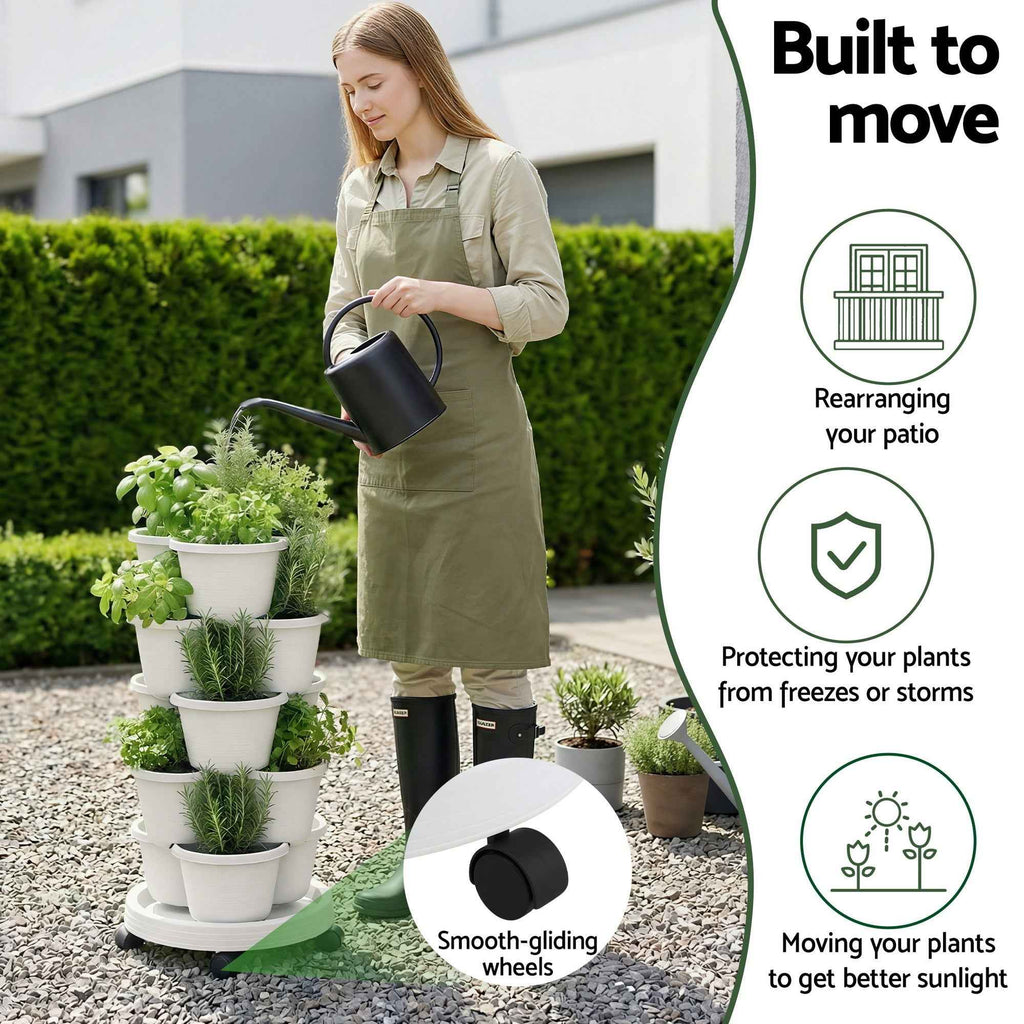 Green Fingers 5 Tier Vertical Garden Planter, Stackable Planters with Wheels, White, Garden Bed, Garden Tower Indoor Outdoor, Auto Drainage System, for Strawberries, Herbs, Flowers, Vegetables
