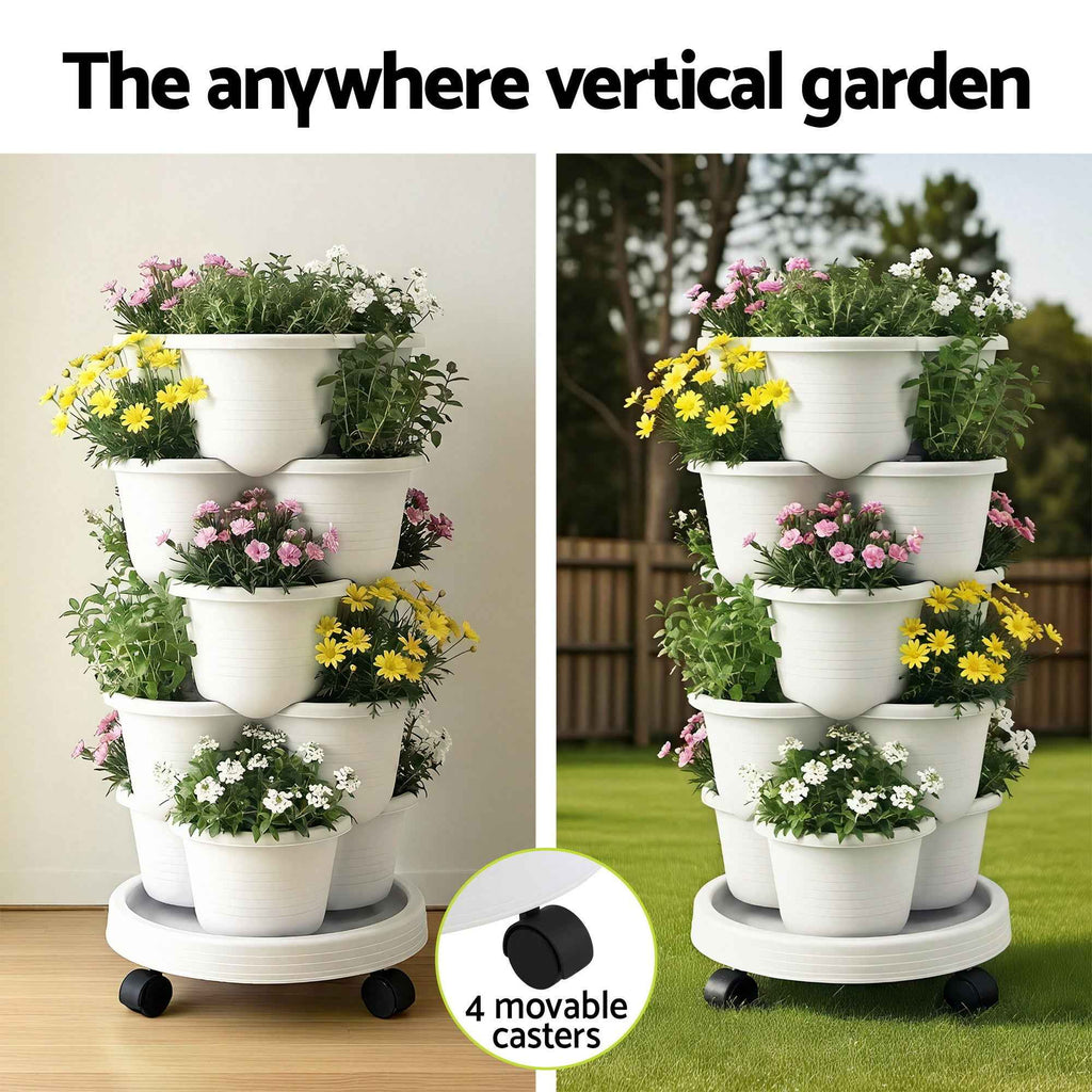 Green Fingers 5 Tier Vertical Garden Planter, Stackable Planters with Wheels, White, Garden Bed, Garden Tower Indoor Outdoor, Auto Drainage System, for Strawberries, Herbs, Flowers, Vegetables