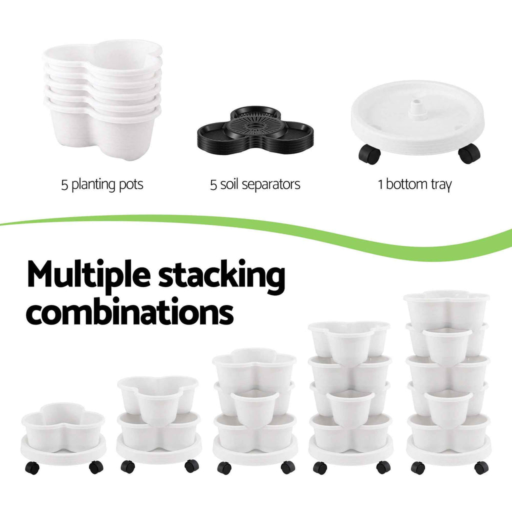 Green Fingers 5 Tier Vertical Garden Planter, Stackable Planters with Wheels, White, Garden Bed, Garden Tower Indoor Outdoor, Auto Drainage System, for Strawberries, Herbs, Flowers, Vegetables