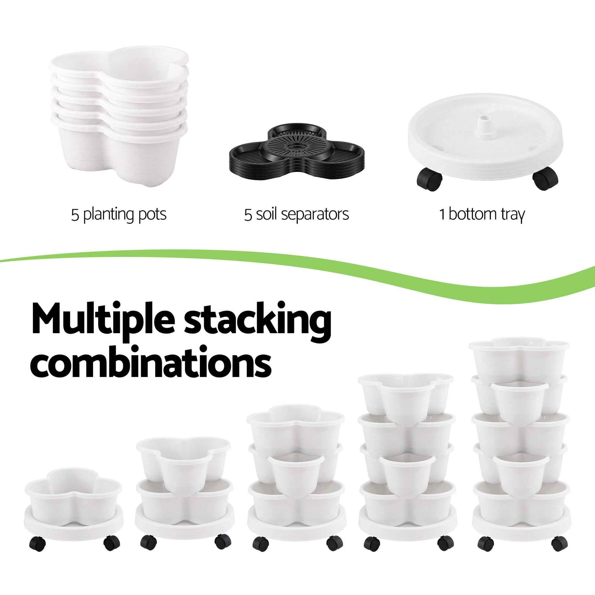 Green Fingers 5 Tier Vertical Garden Planter, Stackable Planters with Wheels, White, Garden Bed, Garden Tower Indoor Outdoor, Auto Drainage System, for Strawberries, Herbs, Flowers, Vegetables