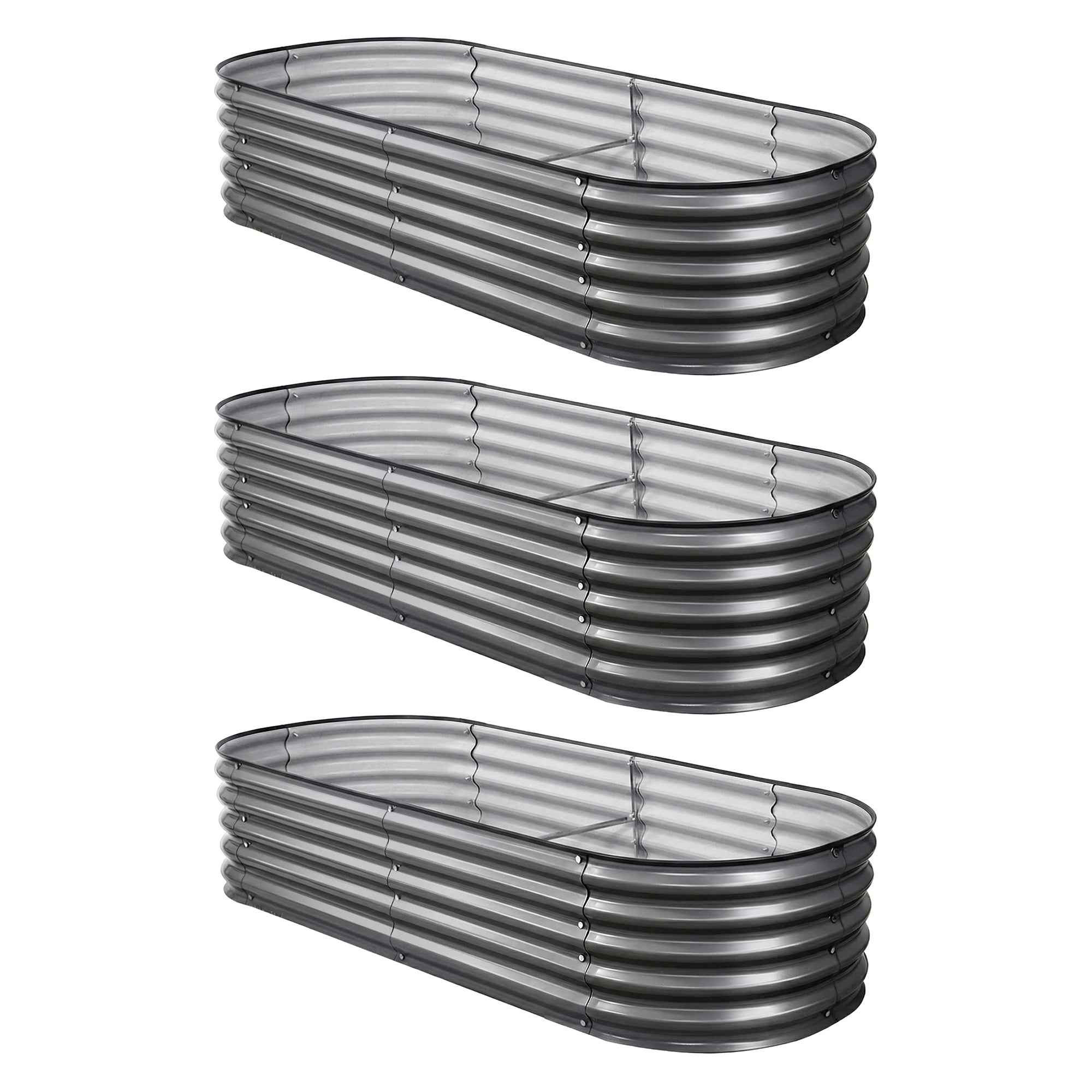 Green Fingers 3 Pcs Raised Garden Bed Kit Oval Galvanized Steel Planter Boxes 160x80x42cm, Heavy Duty Metal Elevated Garden Bed for Vegetables Flowers Herbs, with Safety Edging, Gloves & Pegs Included