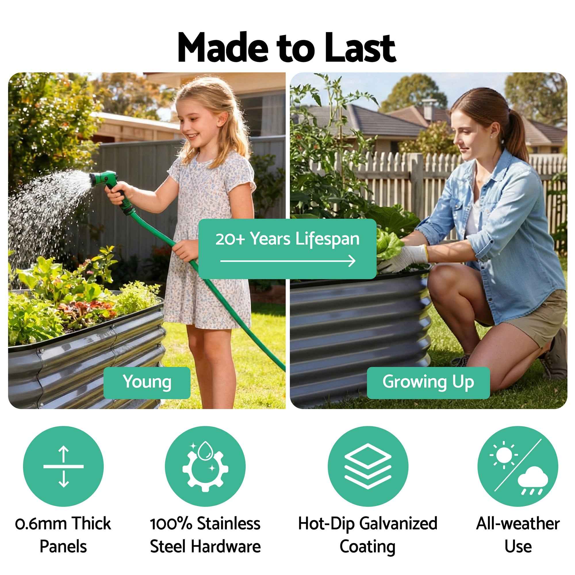 Green Fingers 3 Pcs Raised Garden Bed Kit Oval Galvanized Steel Planter Boxes 160x80x42cm, Heavy Duty Metal Elevated Garden Bed for Vegetables Flowers Herbs, with Safety Edging, Gloves & Pegs Included