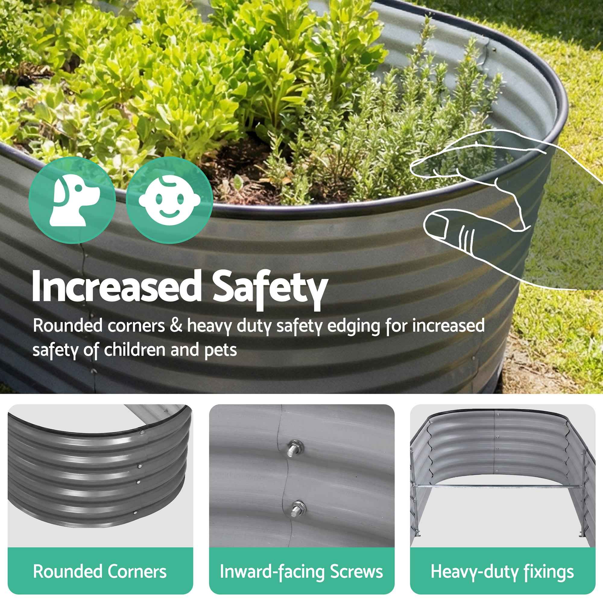 Green Fingers 3 Pcs Raised Garden Bed Kit Oval Galvanized Steel Planter Boxes 160x80x42cm, Heavy Duty Metal Elevated Garden Bed for Vegetables Flowers Herbs, with Safety Edging, Gloves & Pegs Included