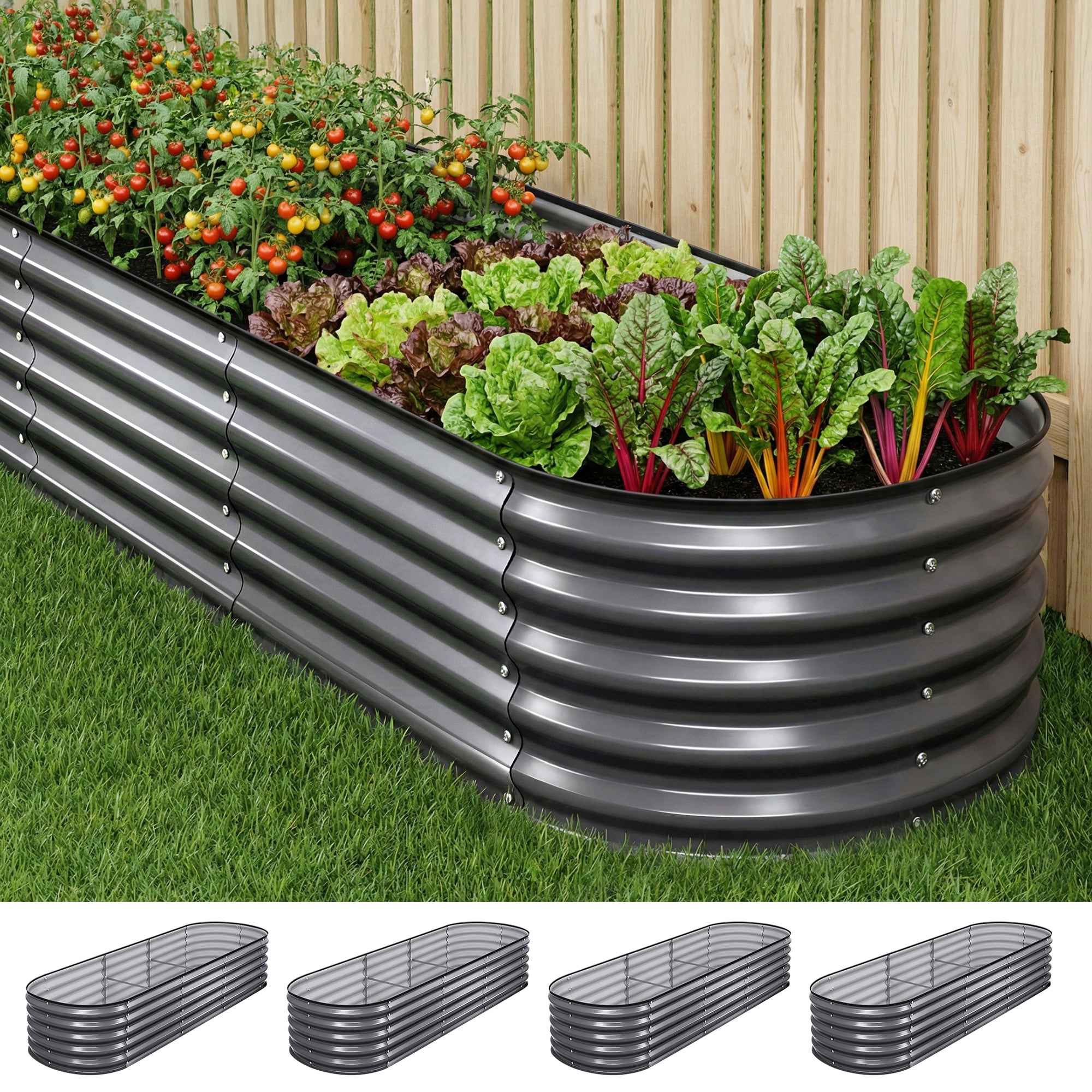 Green Fingers 4 Pcs Raised Garden Bed Kit Oval Galvanized Steel Planter Boxes 240x80x42cm, Heavy Duty Metal Elevated Garden Bed for Vegetables Flowers Herbs, with Safety Edging, Gloves & Pegs Included