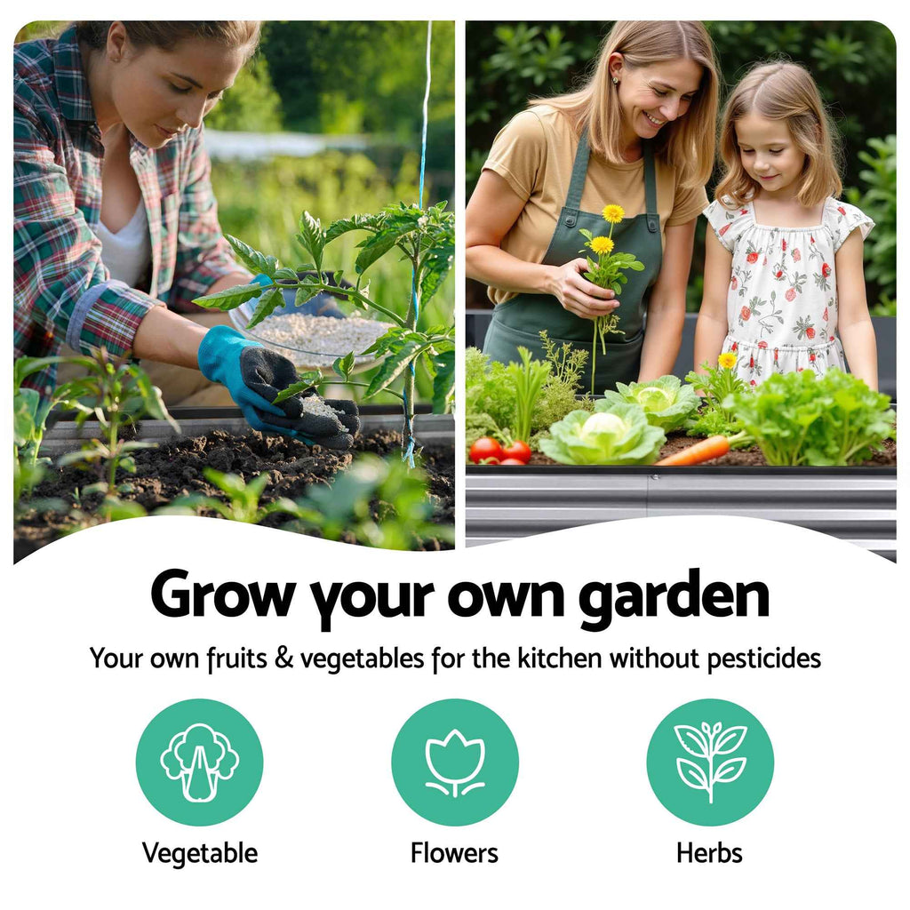 Green Fingers 4 Pcs Raised Garden Bed Kit Oval Galvanized Steel Planter Boxes 320x80x42cm, Heavy Duty Metal Elevated Garden Bed for Vegetables Flowers Herbs, with Safety Edging, Gloves & Pegs Included