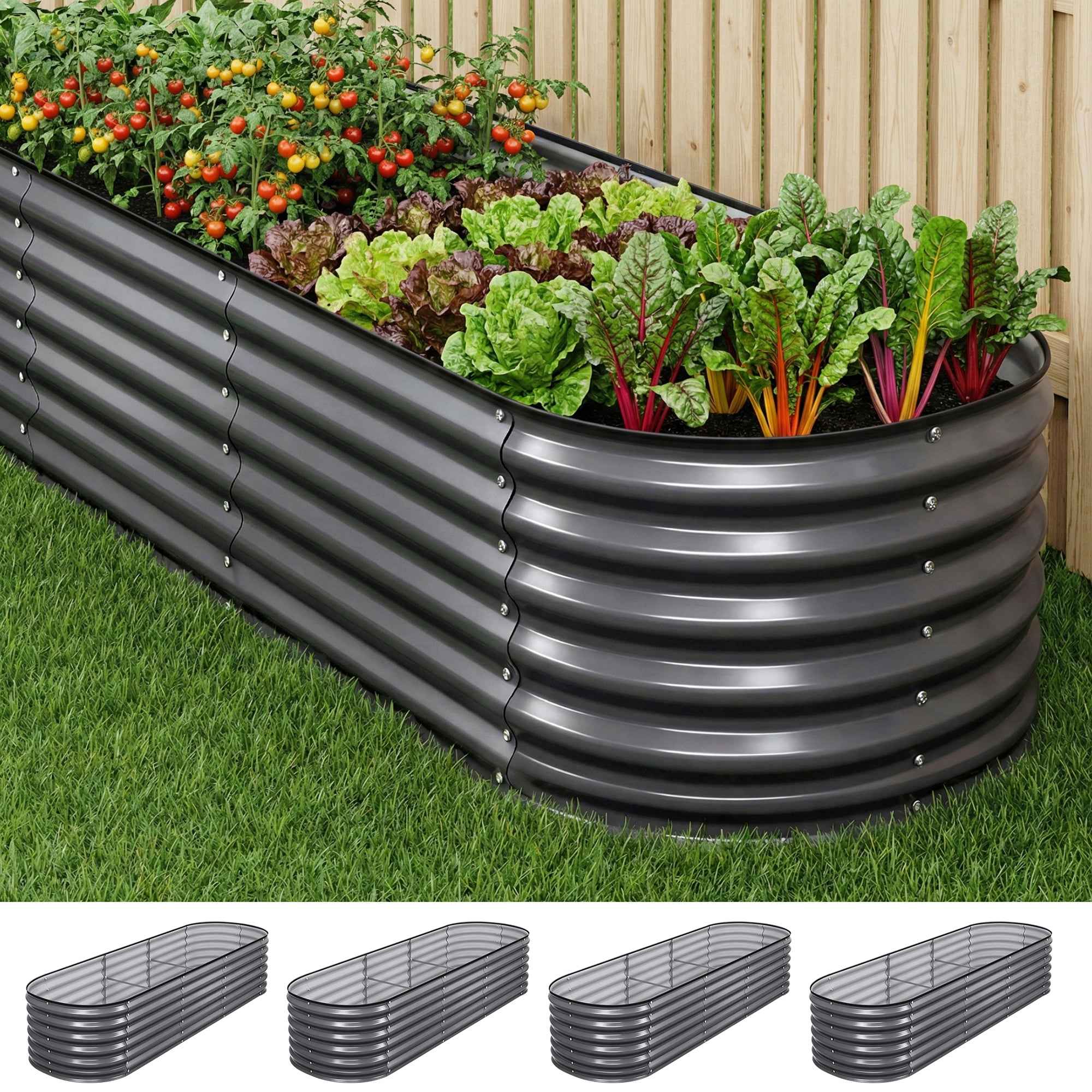 Green Fingers 4 Pcs Raised Garden Bed Kit Oval Galvanized Steel Planter Boxes 240x80x56cm, Heavy Duty Metal Elevated Garden Bed for Vegetables Flowers Herbs, with Safety Edging, Gloves & Pegs Included