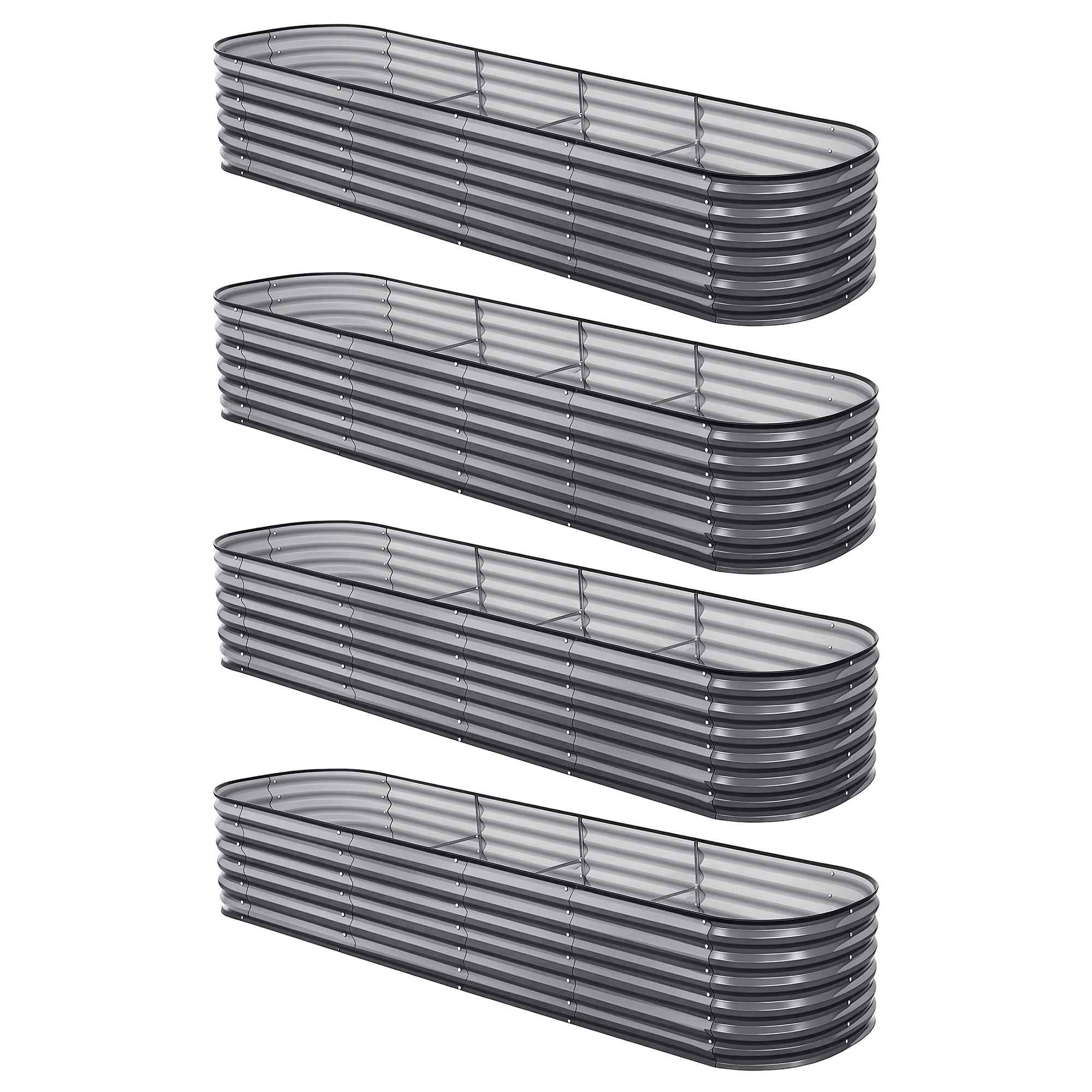 Green Fingers 4 Pcs Raised Garden Bed Kit Oval Galvanized Steel Planter Boxes 320x80x56cm, Heavy Duty Metal Elevated Garden Bed for Vegetables Flowers Herbs, with Safety Edging, Gloves & Pegs Included