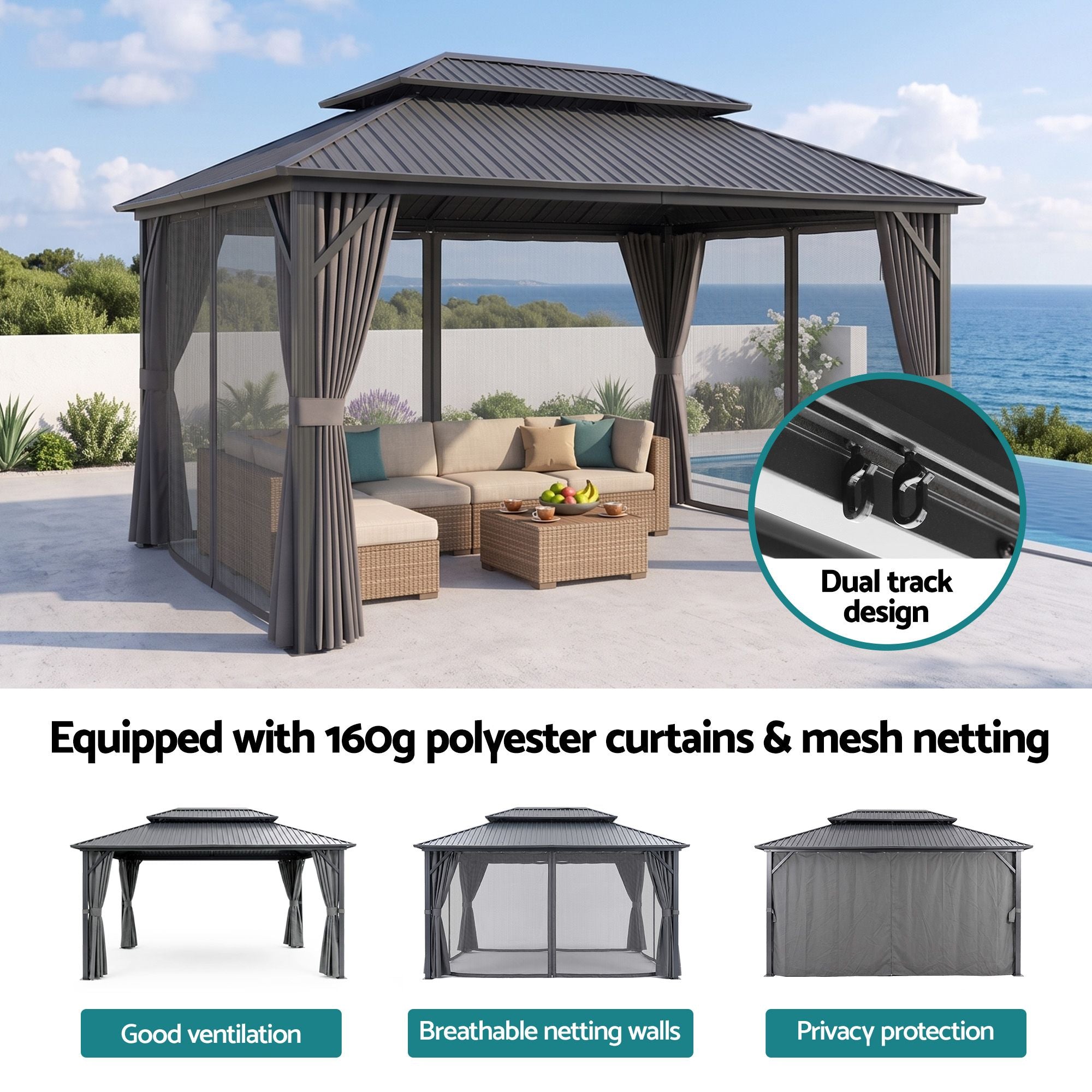 Instahut 3x4.25m Gazebo Hardtop Steel Roof Outdoor Pavilion