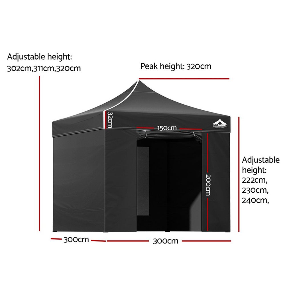 Instahut Gazebo 3x3 Pop Up Marquee Folding Tent Wedding Gazebos Camping Outdoor Shade Canopy Black