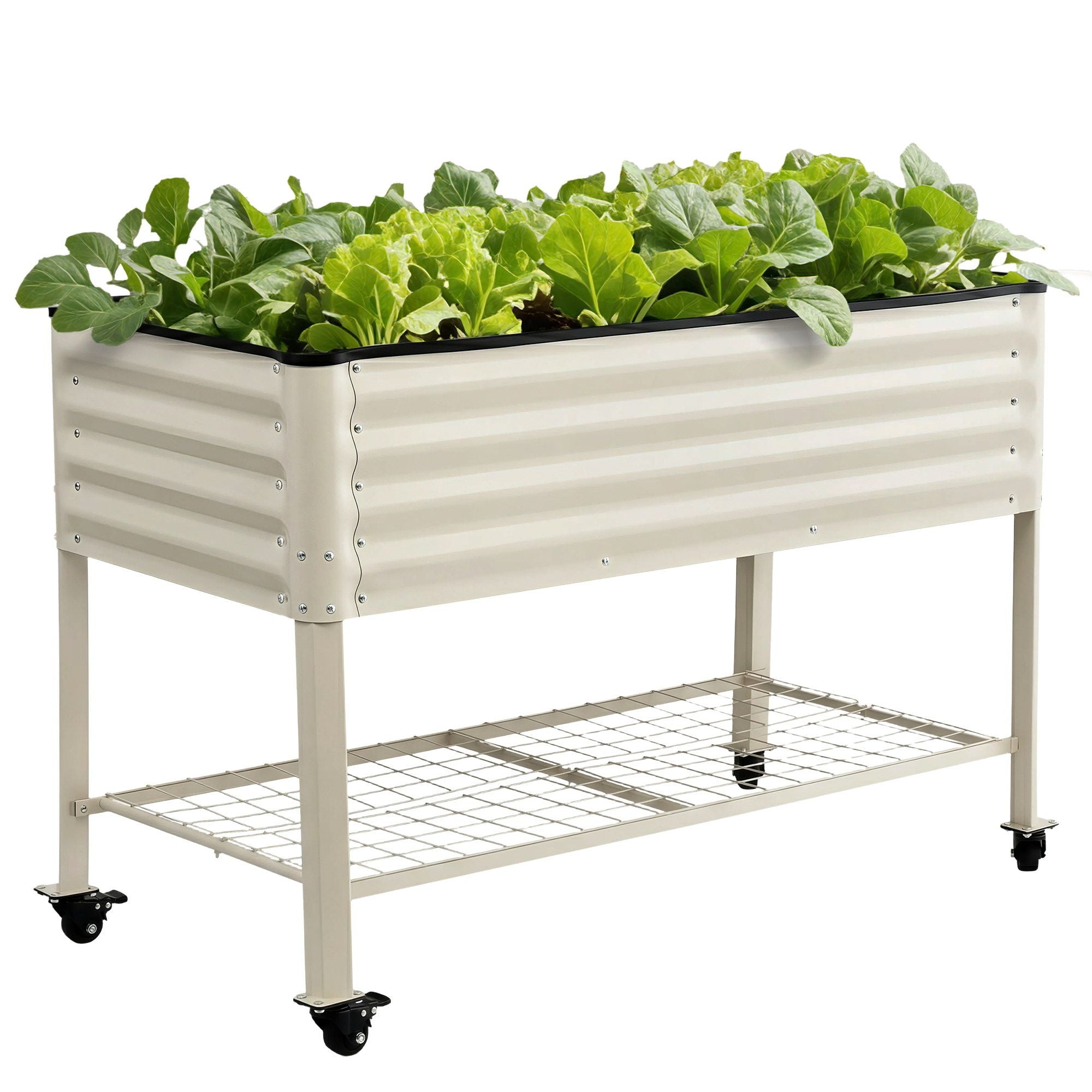 Green Fingers Mobile Raised Garden Bed With Wheels Storage Shelf 81cm Height for Vegetables Herb White
