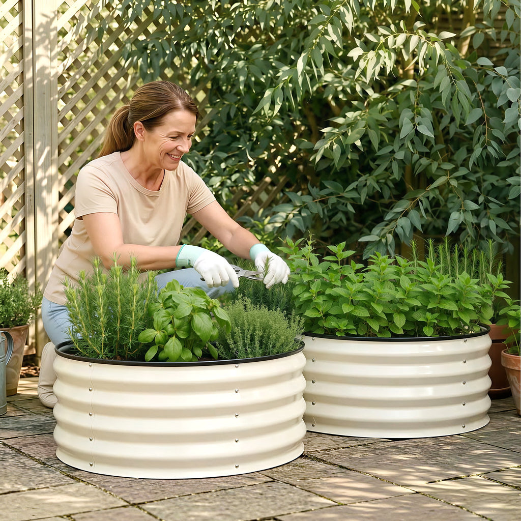 Green Fingers Round Raised Garden Bed 2 Pack Galvanised Planter Box Rust Resistant 60x60x30cm White