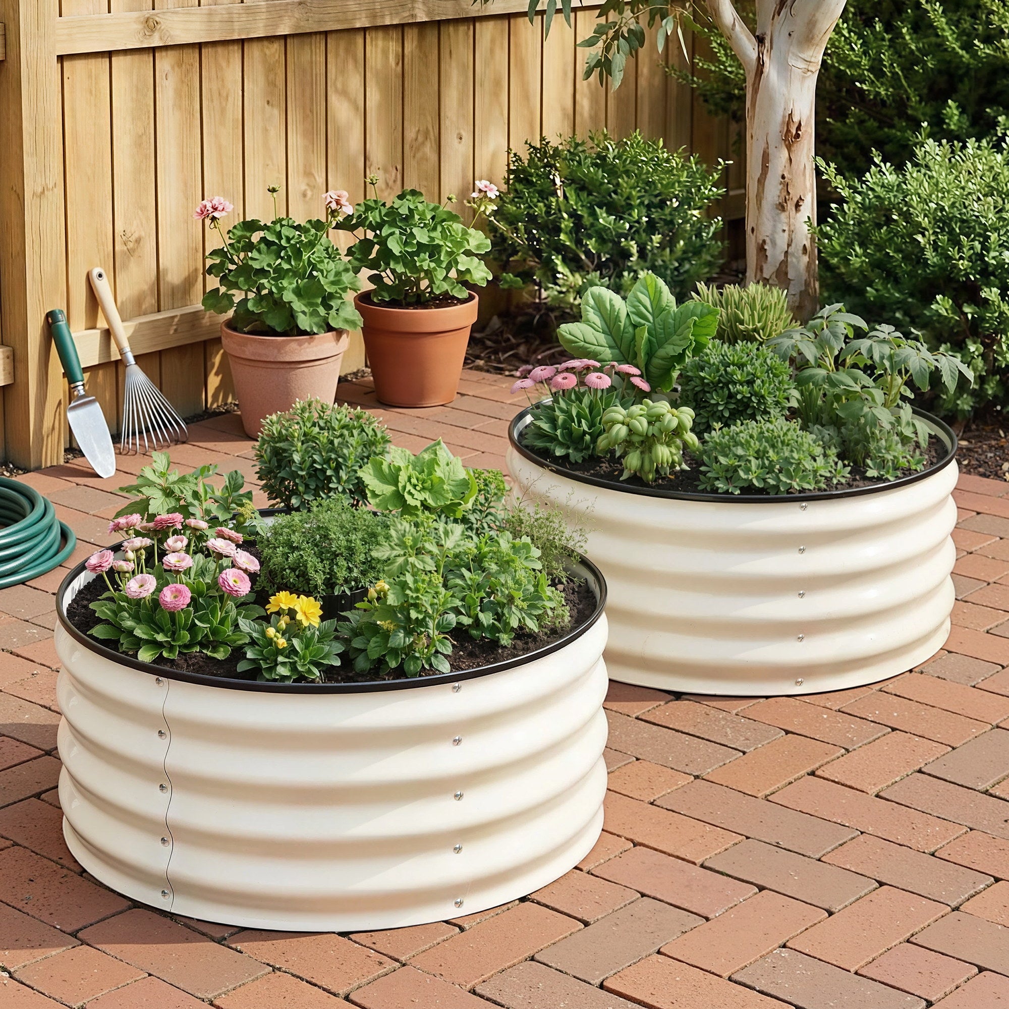 Green Fingers Round Raised Garden Bed 2 Pack Galvanised Planter Box Rust Resistant 60x60x30cm White