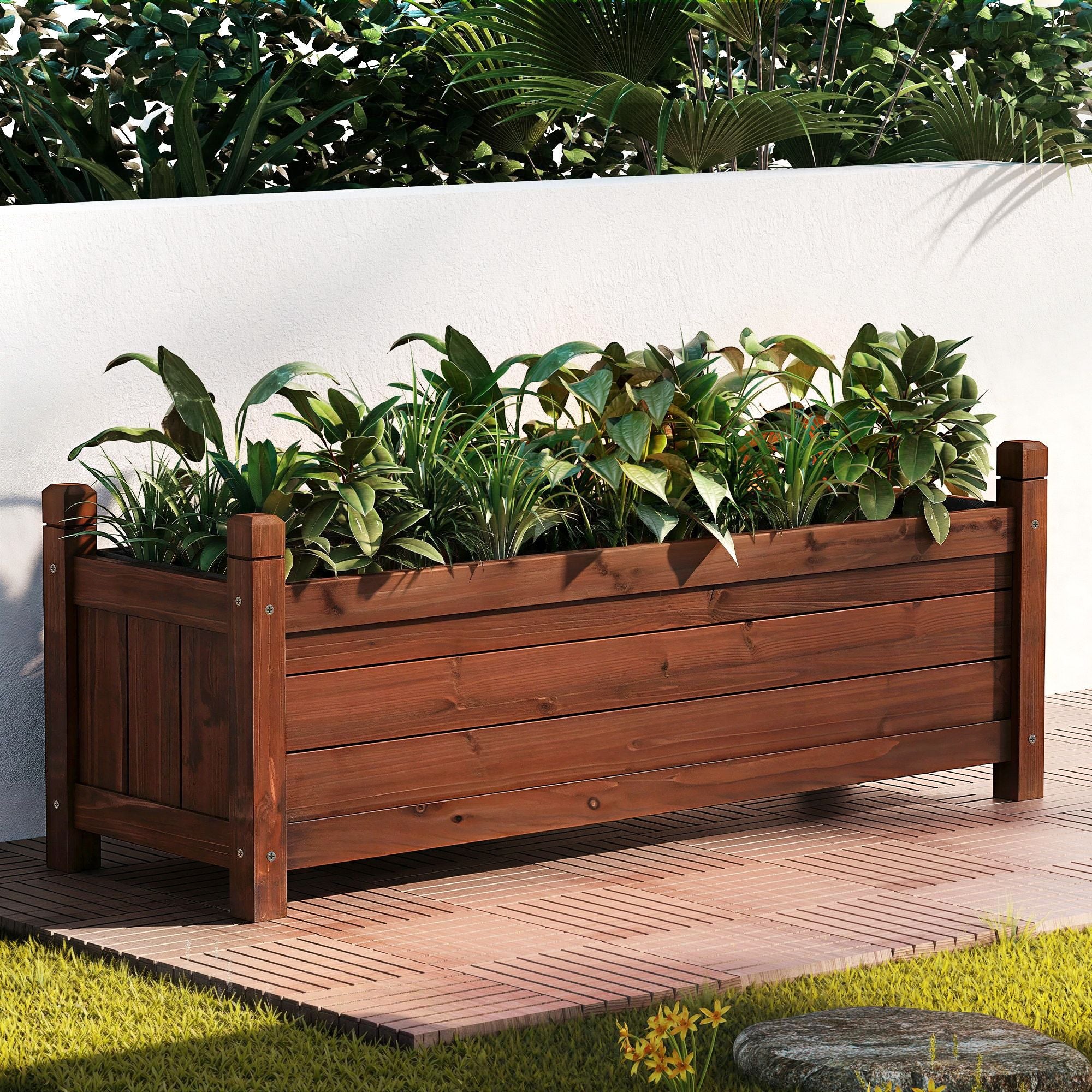 Green Fingers Garden Bed Wooden Planter Box Raised Container Growing 90x30x33cm Brown