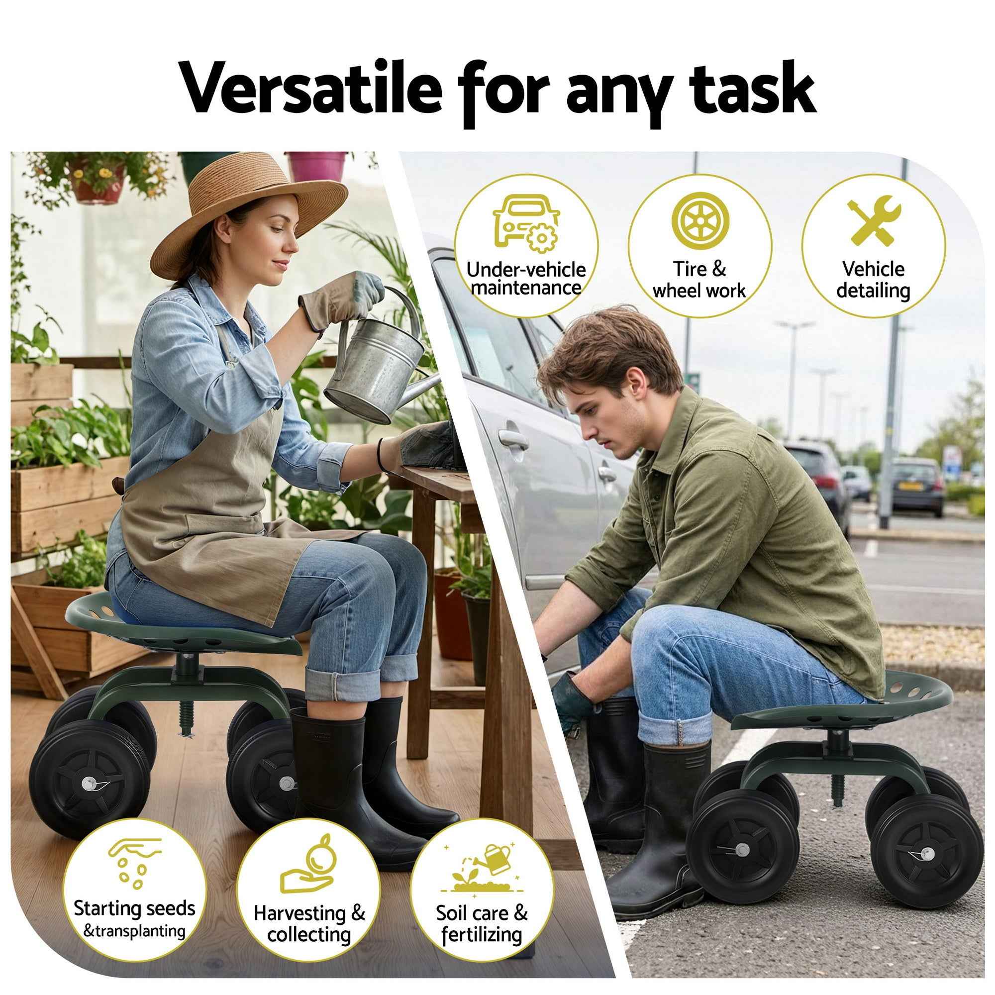 Gardeon Garden Seat 360 Swivel Rolling Adjustable Height Work Scooter Cart Wheels Heavy Duty 150kg