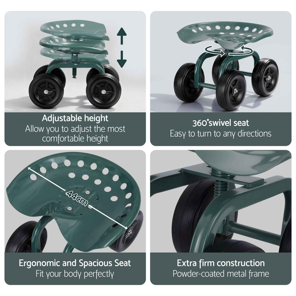 Gardeon Garden Seat 360 Swivel Rolling Adjustable Height Work Scooter Cart Wheels Heavy Duty 150kg