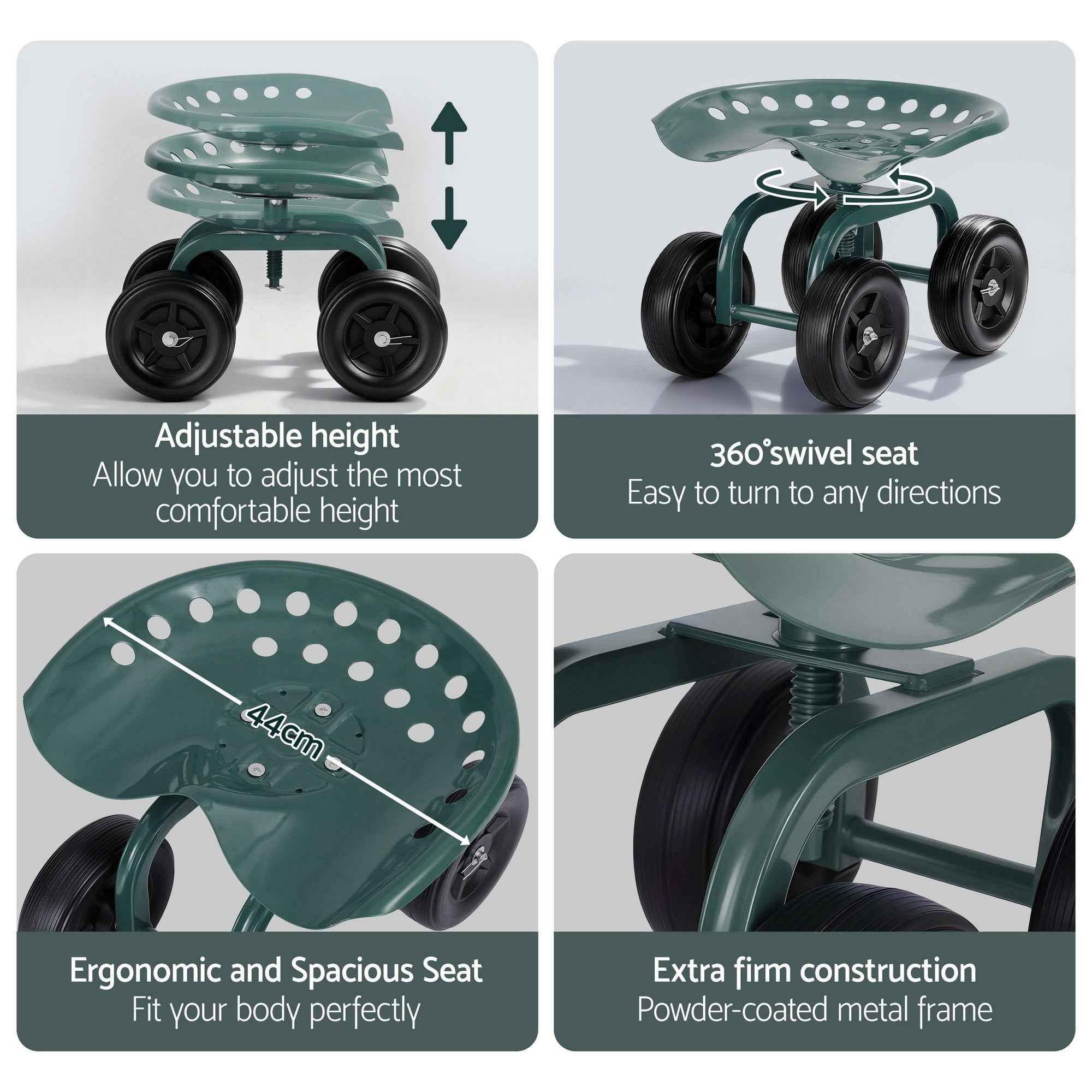Gardeon Garden Seat 360 Swivel Rolling Adjustable Height Work Scooter Cart Wheels Heavy Duty 150kg