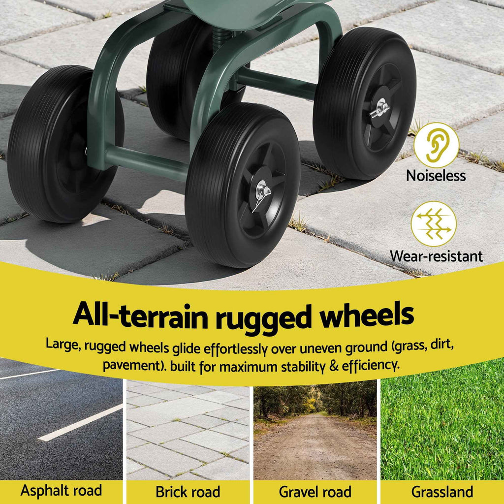 Gardeon Garden Seat 360 Swivel Rolling Adjustable Height Work Scooter Cart Wheels Heavy Duty 150kg