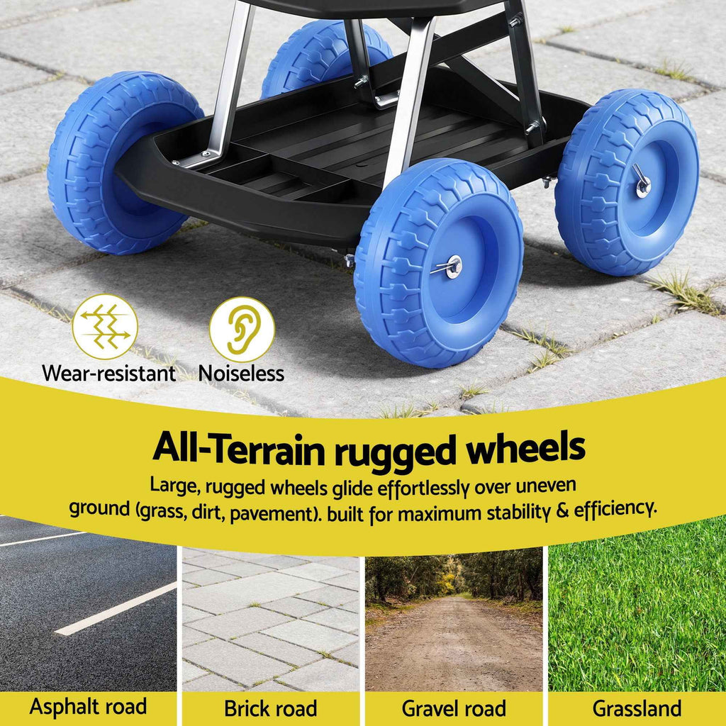 Gardeon Garden Cart Seat with Wheels, Rolling Work Stool with Tool Storage Tray, 440lbs (200kg) Heavy Duty Capacity Garden Stool for Outdoor Yard Work, Car Detailing, and Garage Maintenance, Blue/Black