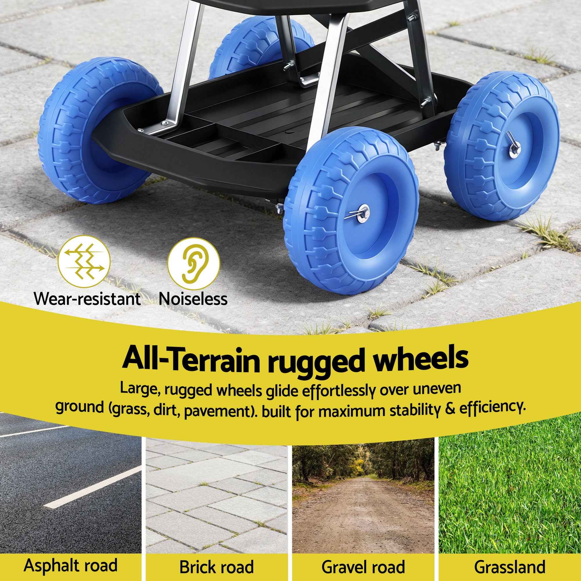 Gardeon Garden Cart Seat with Wheels, Rolling Work Stool with Tool Storage Tray, 440lbs (200kg) Heavy Duty Capacity Garden Stool for Outdoor Yard Work, Car Detailing, and Garage Maintenance, Blue/Black