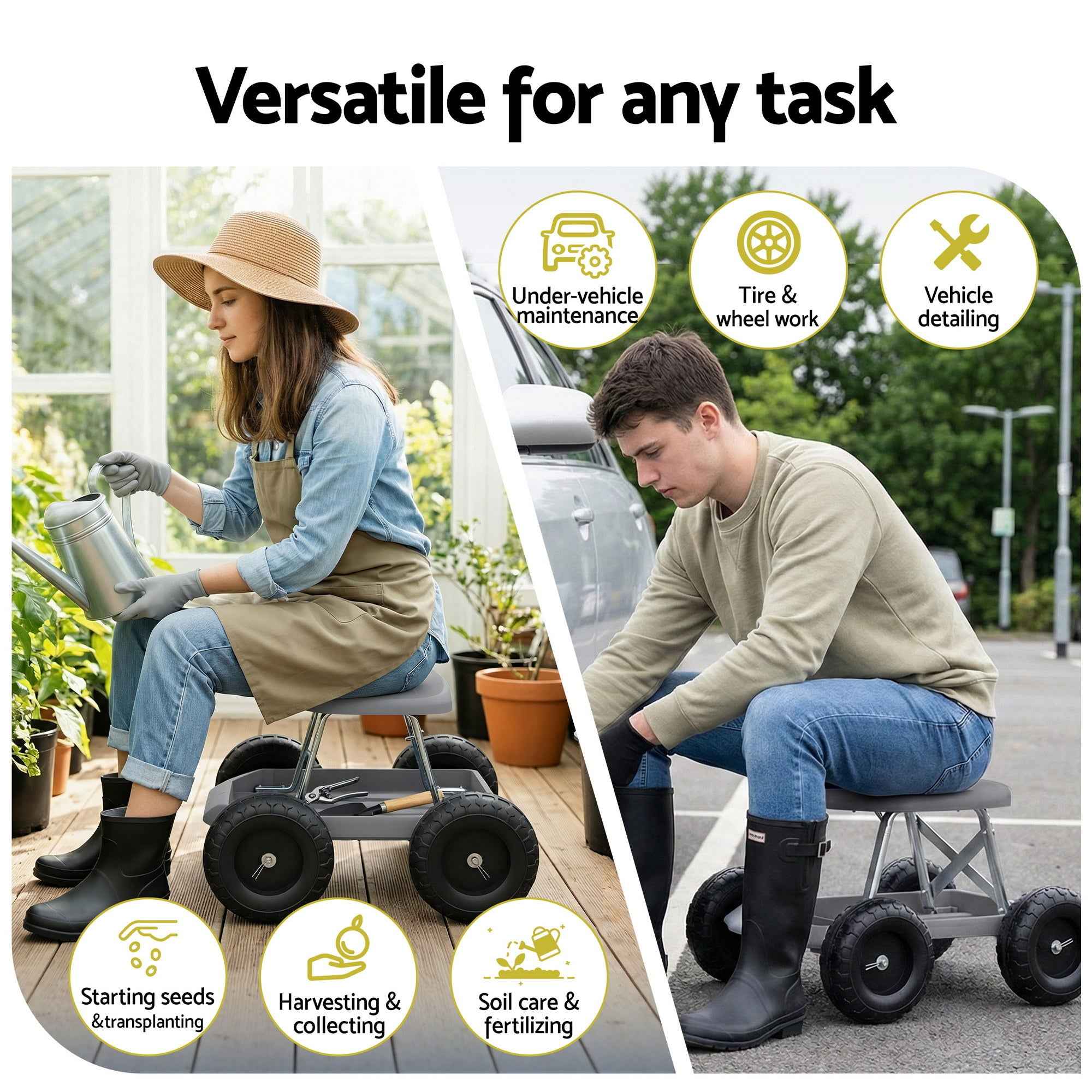 Gardeon Garden Cart Seat with Wheels, Rolling Work Stool with Tool Storage Tray, 440lbs (200kg) Heavy Duty Capacity Garden Stool for Outdoor Yard Work, Car Detailing, and Garage Maintenance, Grey/Black