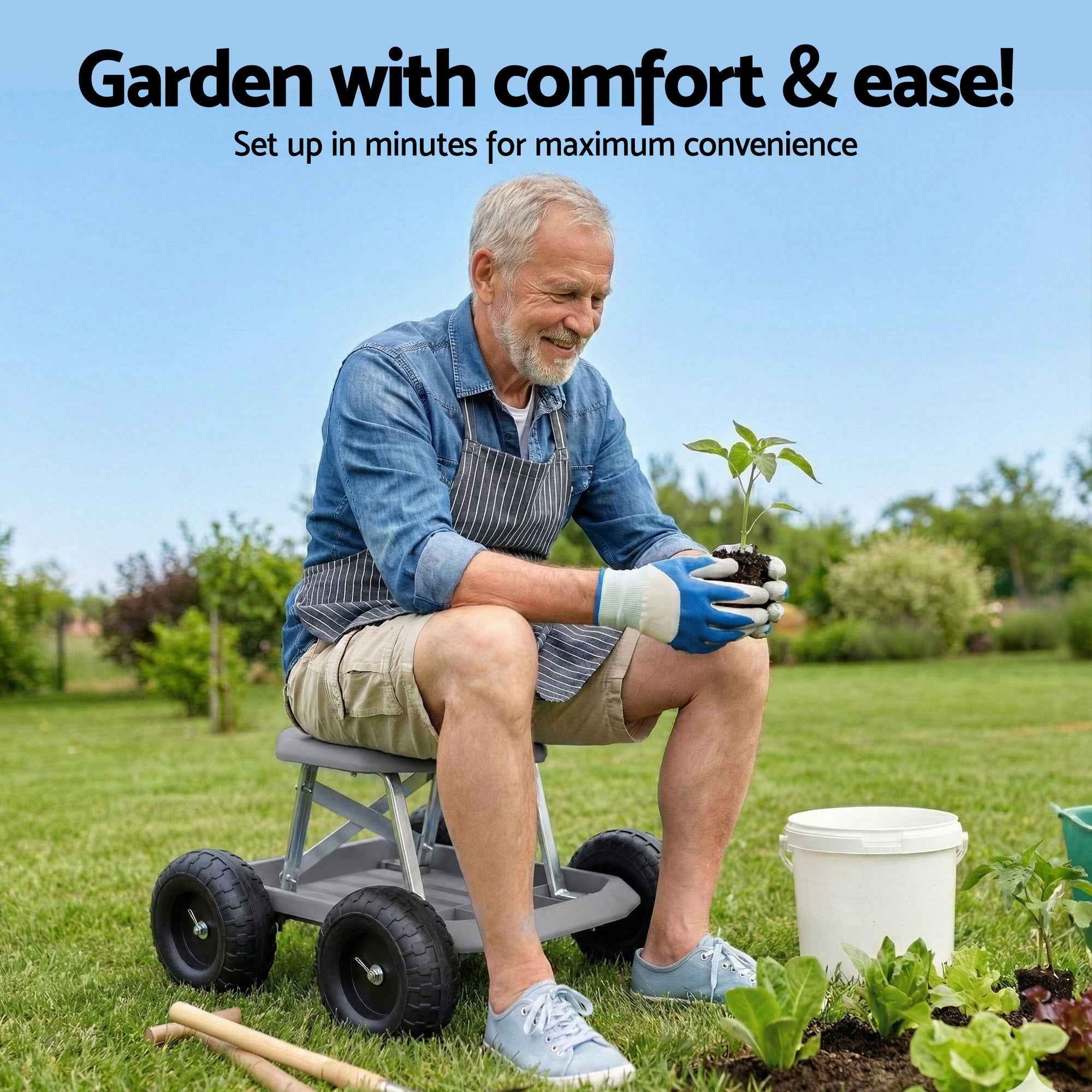 Gardeon Garden Cart Seat with Wheels, Rolling Work Stool with Tool Storage Tray, 440lbs (200kg) Heavy Duty Capacity Garden Stool for Outdoor Yard Work, Car Detailing, and Garage Maintenance, Grey/Black